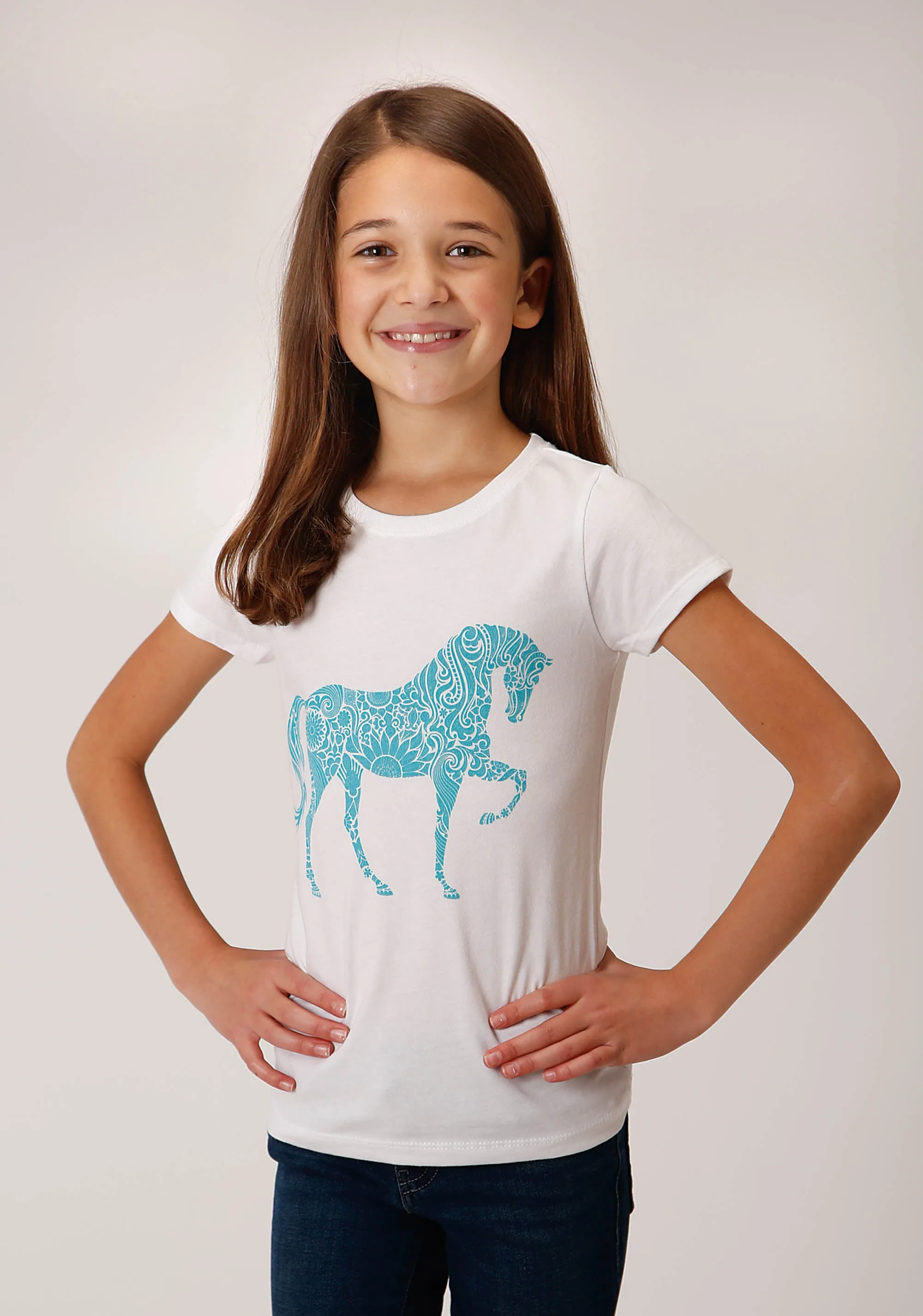 GIRLS WHITE WITH TURQUOISE HORSE SCREEN PRINT SHORT SLEEVE KNIT T-SHIRT