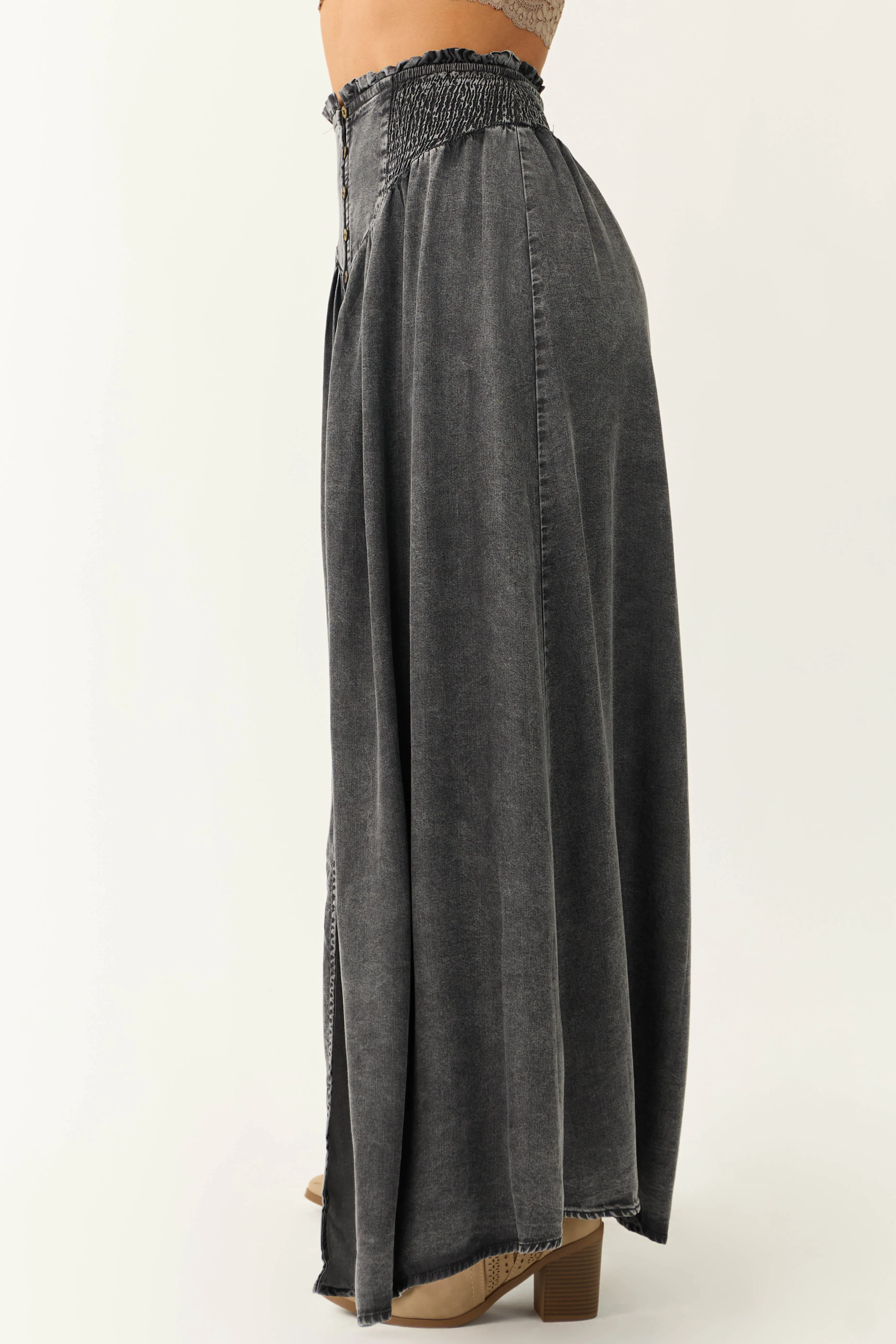 Graphite Acid Washed Denim Smocked Maxi Skirt