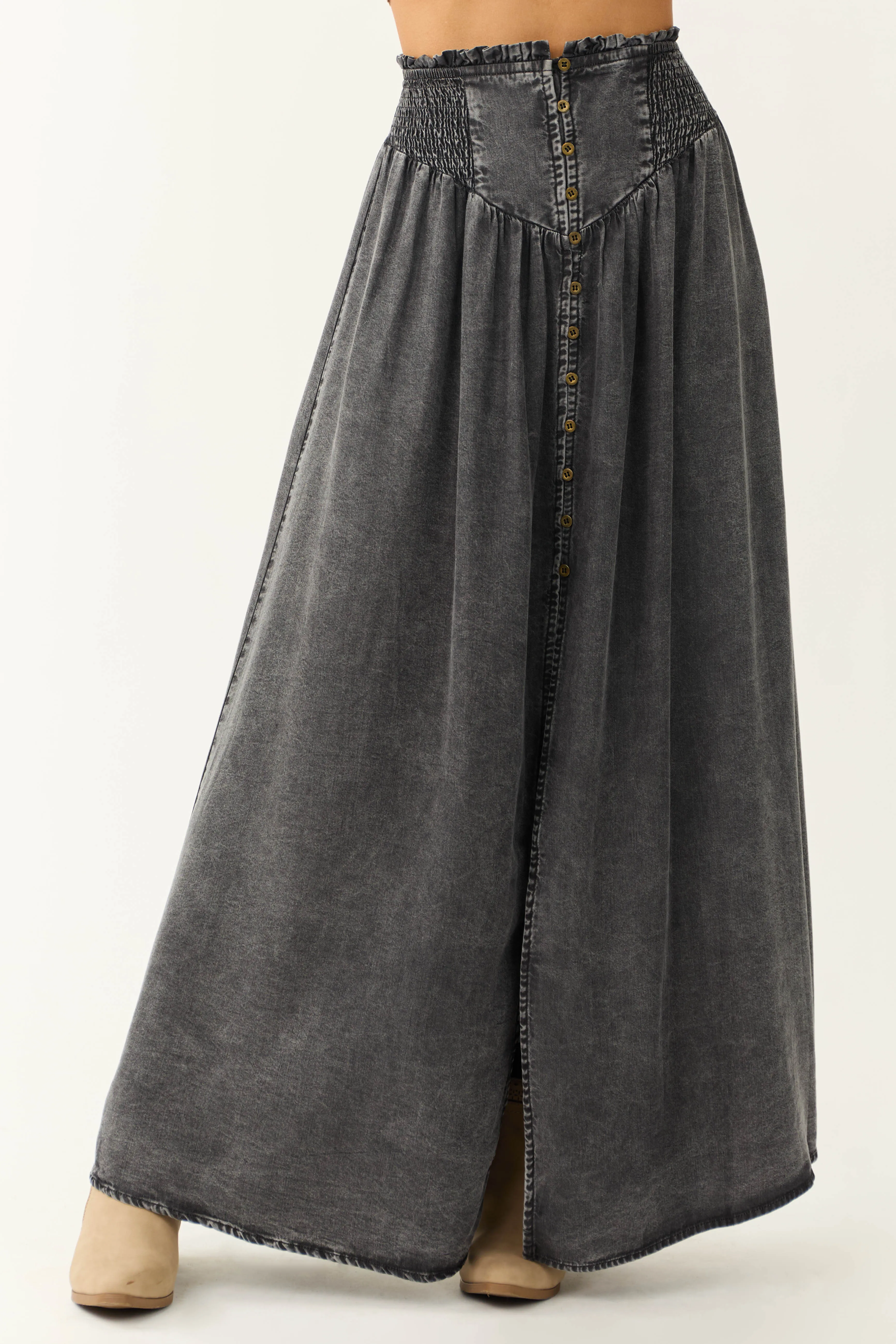 Graphite Acid Washed Denim Smocked Maxi Skirt