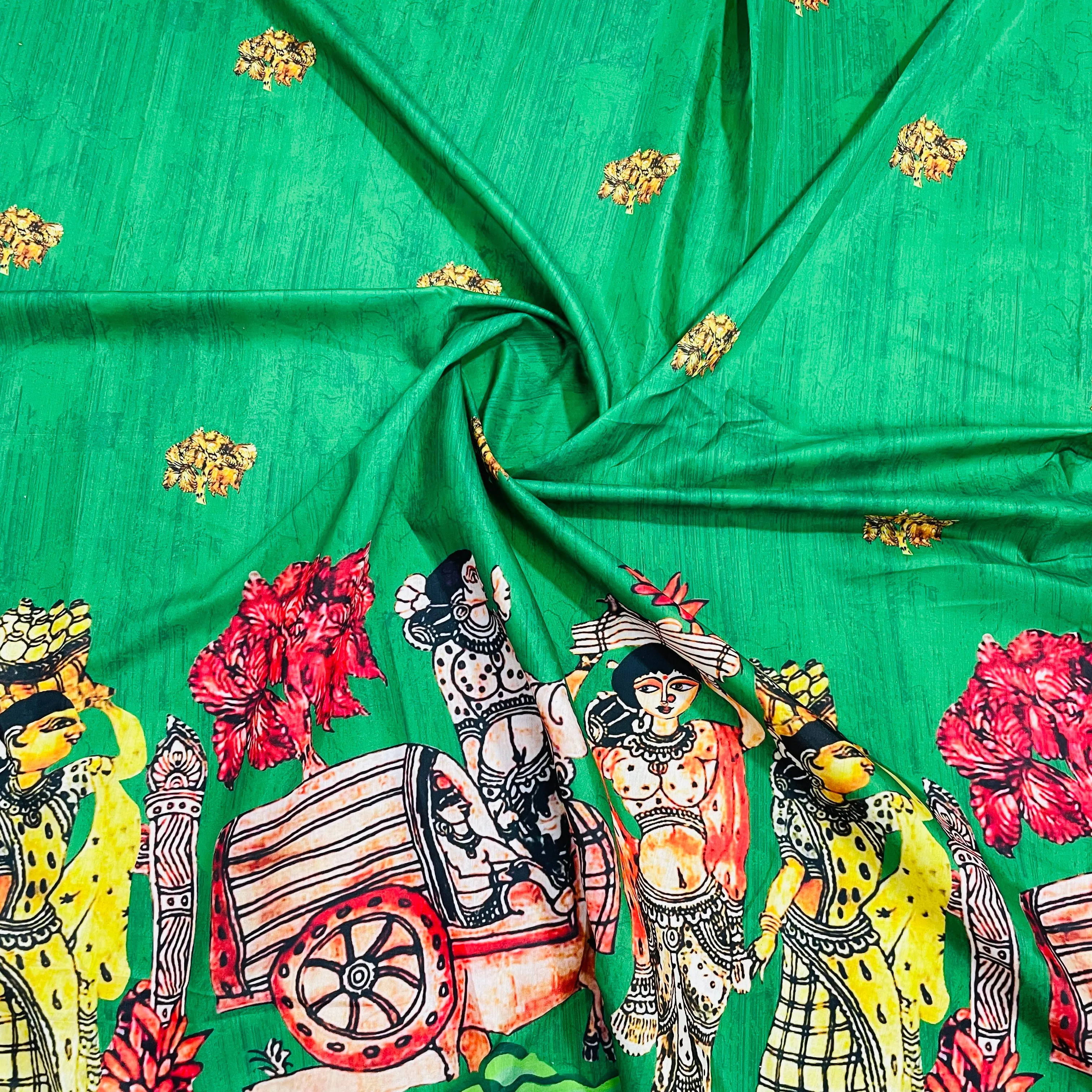 Green Madhubani Print Cotton Satin Fabric 40