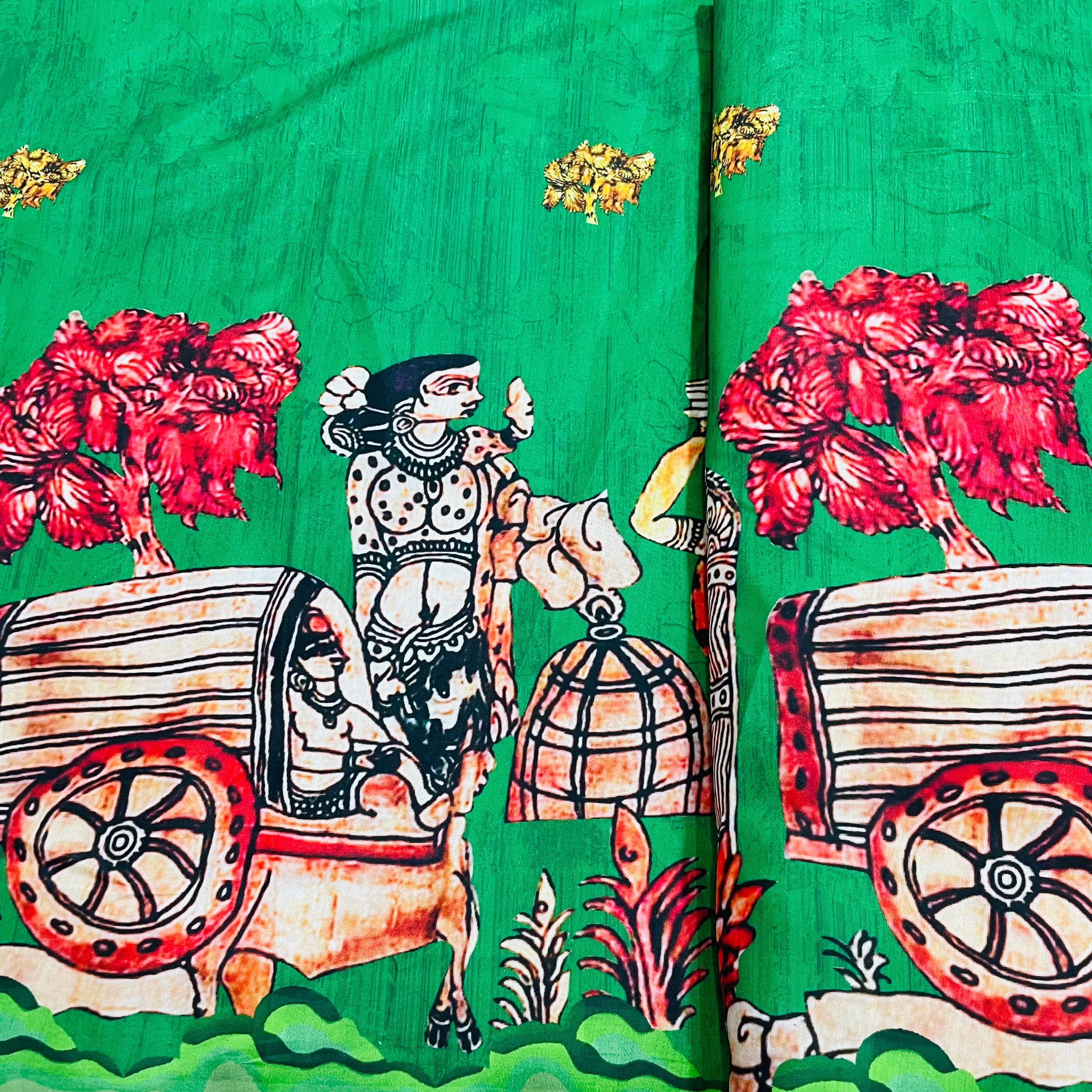 Green Madhubani Print Cotton Satin Fabric 40