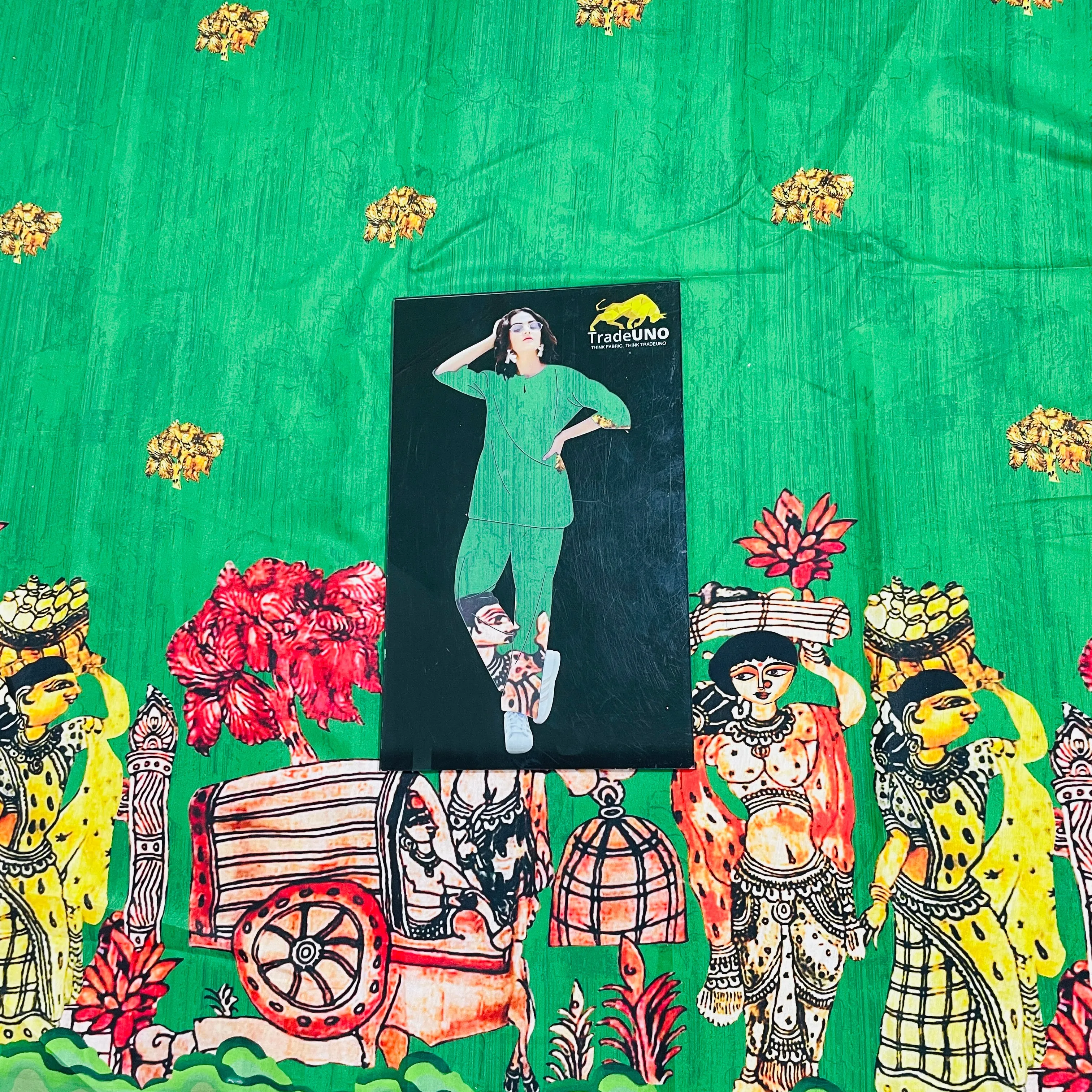 Green Madhubani Print Cotton Satin Fabric 40