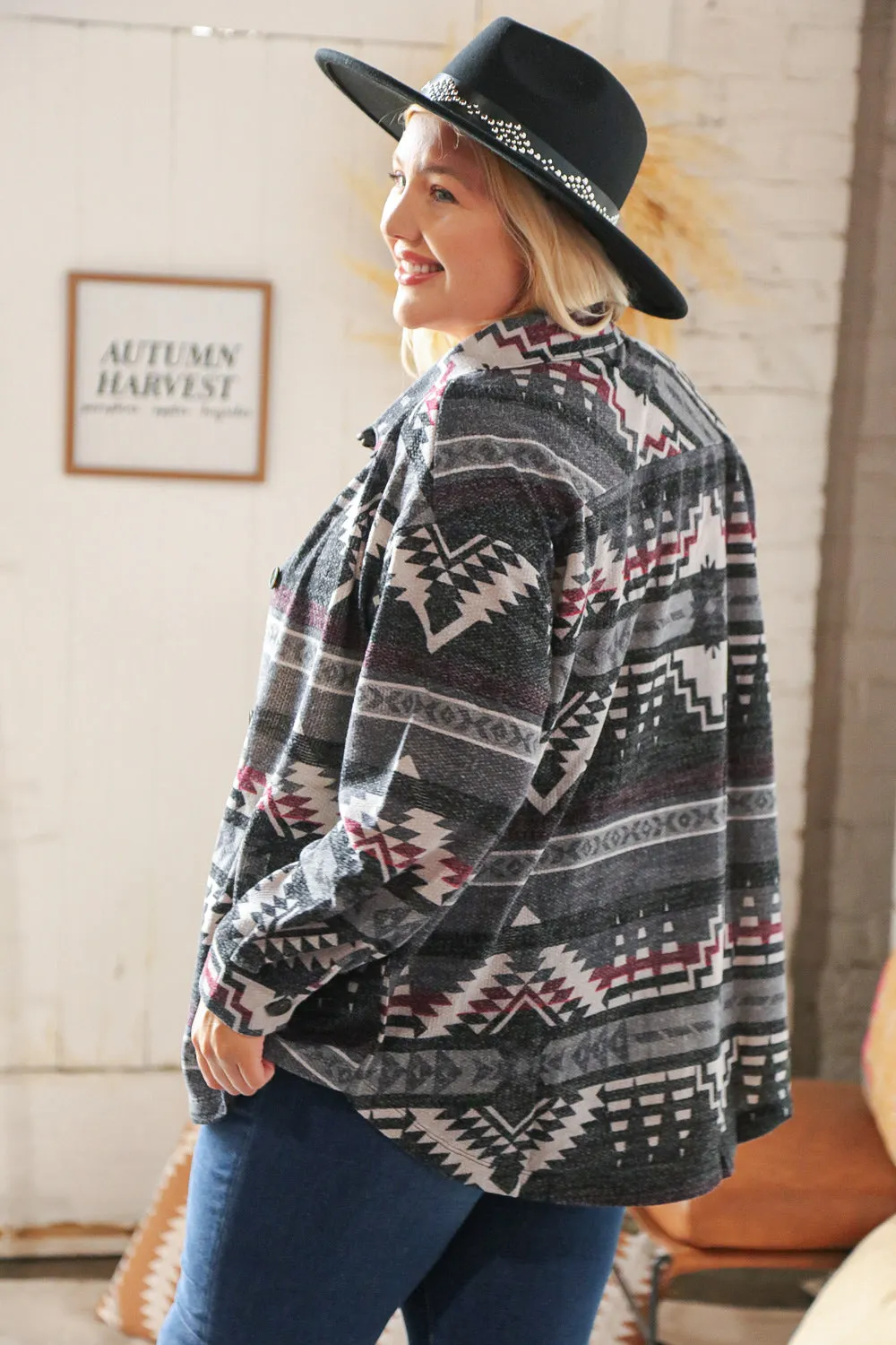 Grey & Maroon Brushed Aztec Pocketed Shacket