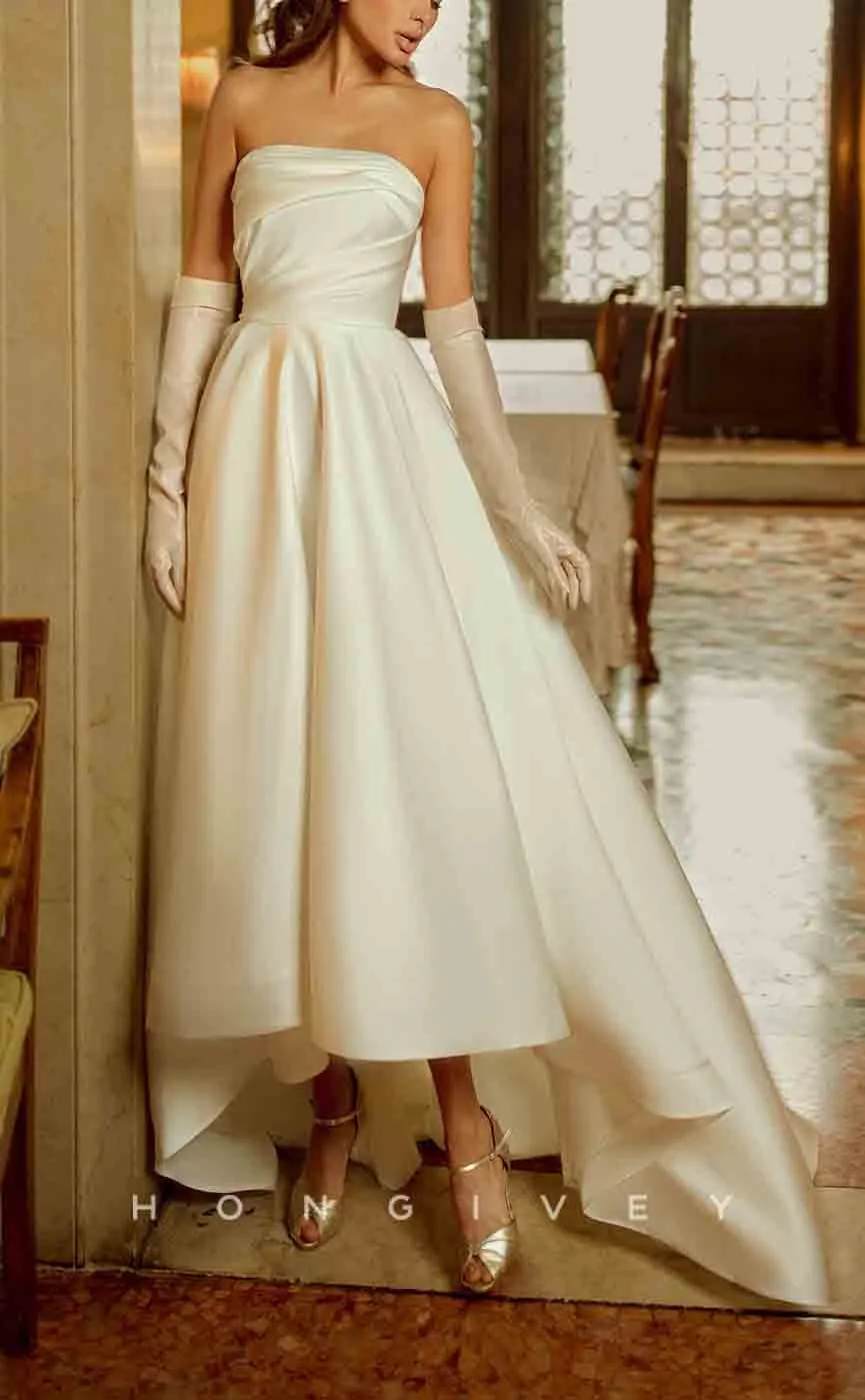 H1298 - Sexy Satin A-Line Strapless Empire Ruched High Low Gloves Bowknot With Train Wedding Dress