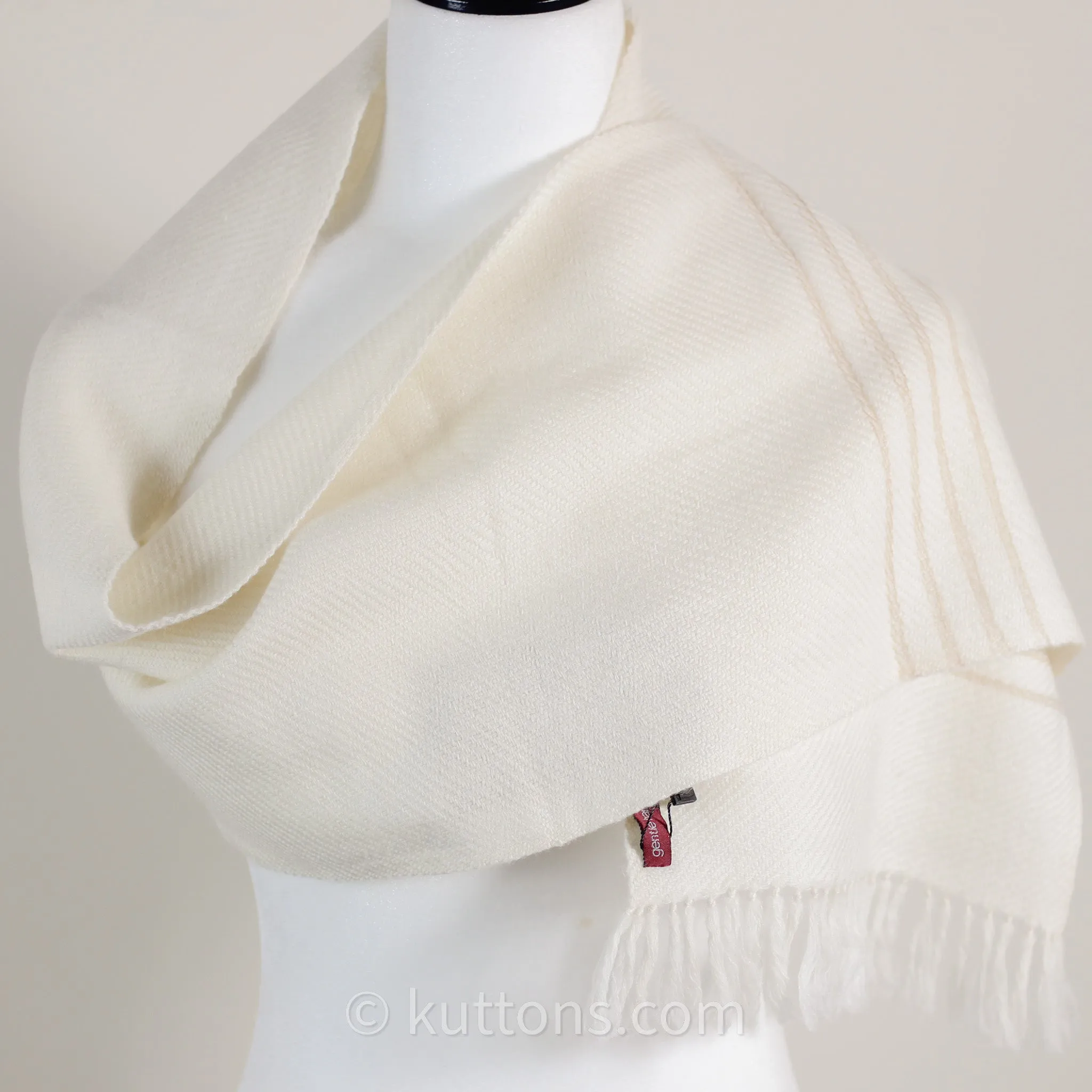 Handwoven Himalayan-Merino Woolen Scarf with Tusser Silk Border | Cream, 11"x52" (Small)