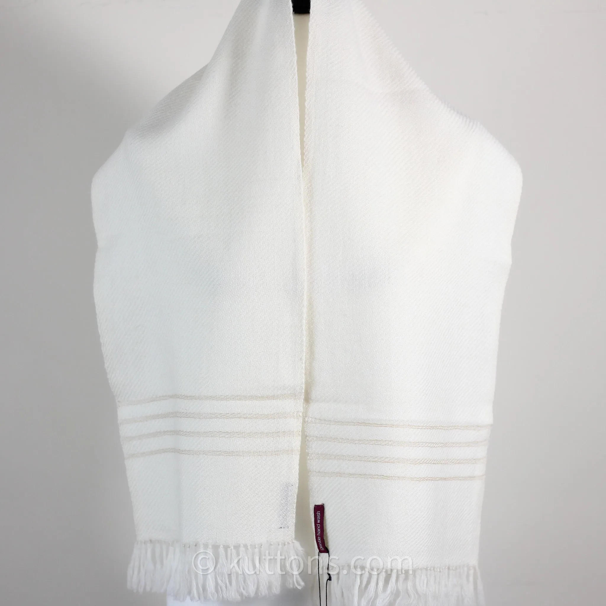 Handwoven Himalayan-Merino Woolen Scarf with Tusser Silk Border | Cream, 11"x52" (Small)