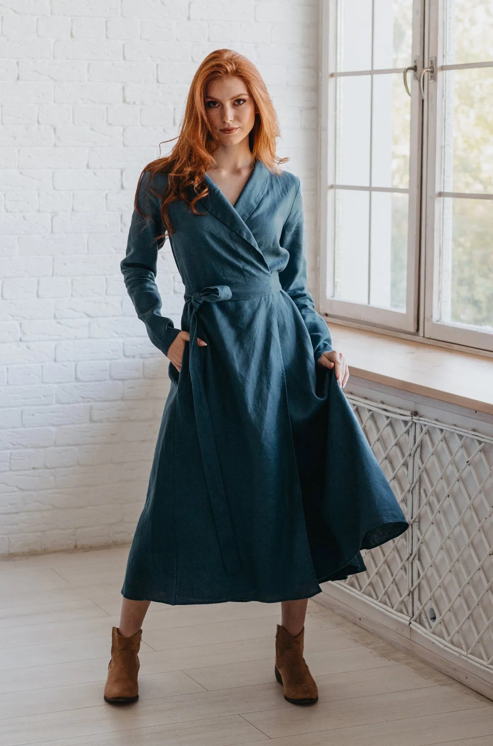 Heavyweight Linen Wrap Dress in Midi Length