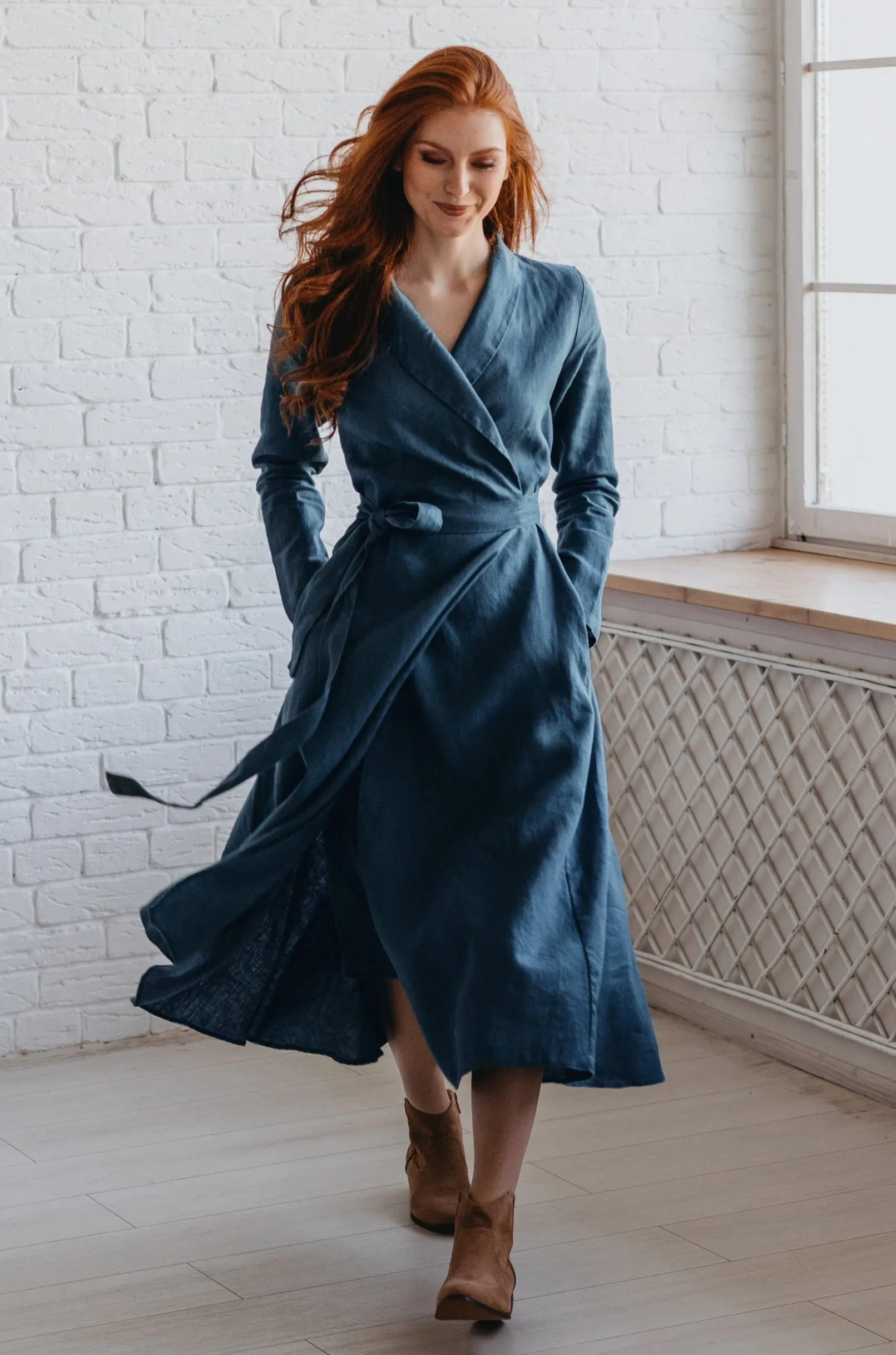 Heavyweight Linen Wrap Dress in Midi Length