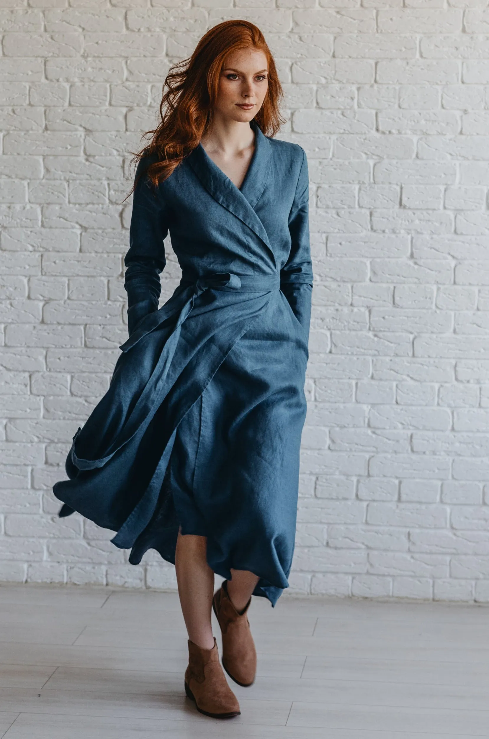 Heavyweight Linen Wrap Dress in Midi Length