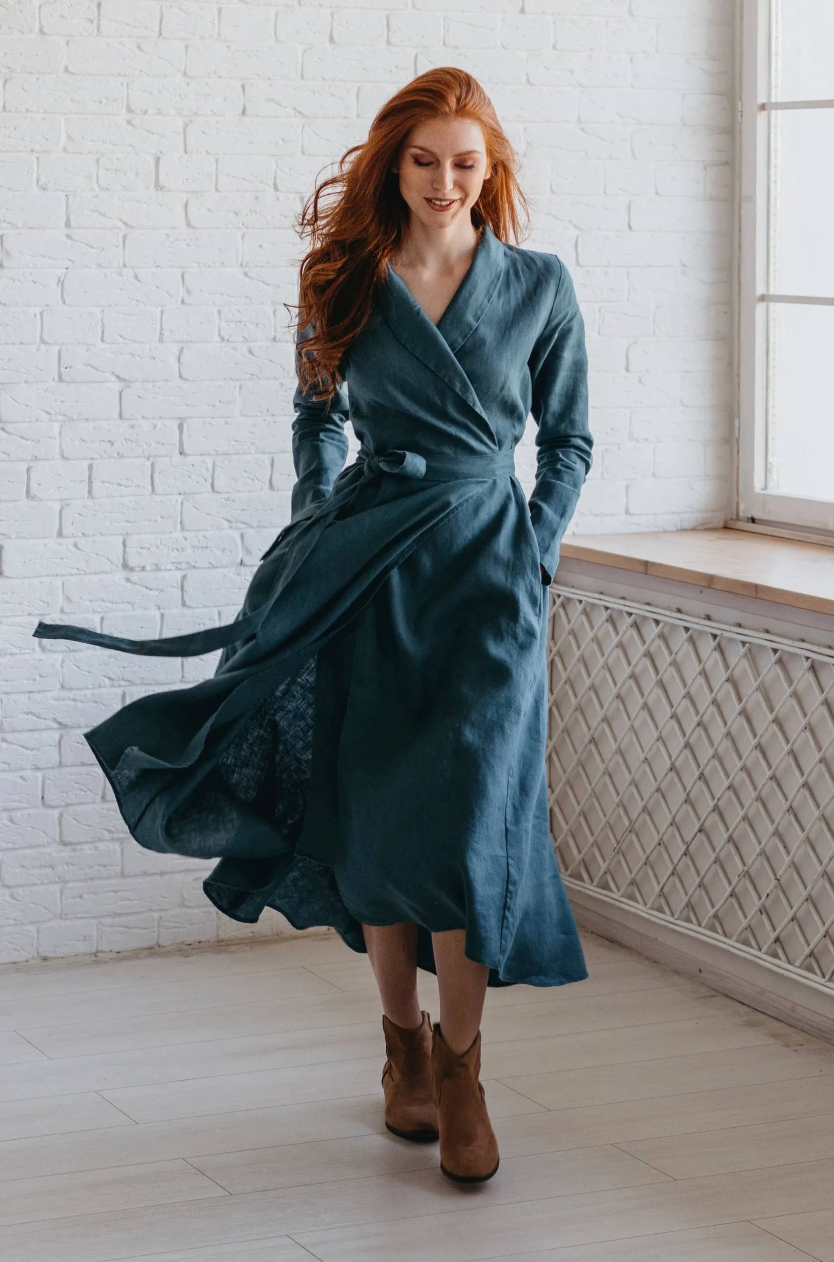 Heavyweight Linen Wrap Dress in Midi Length