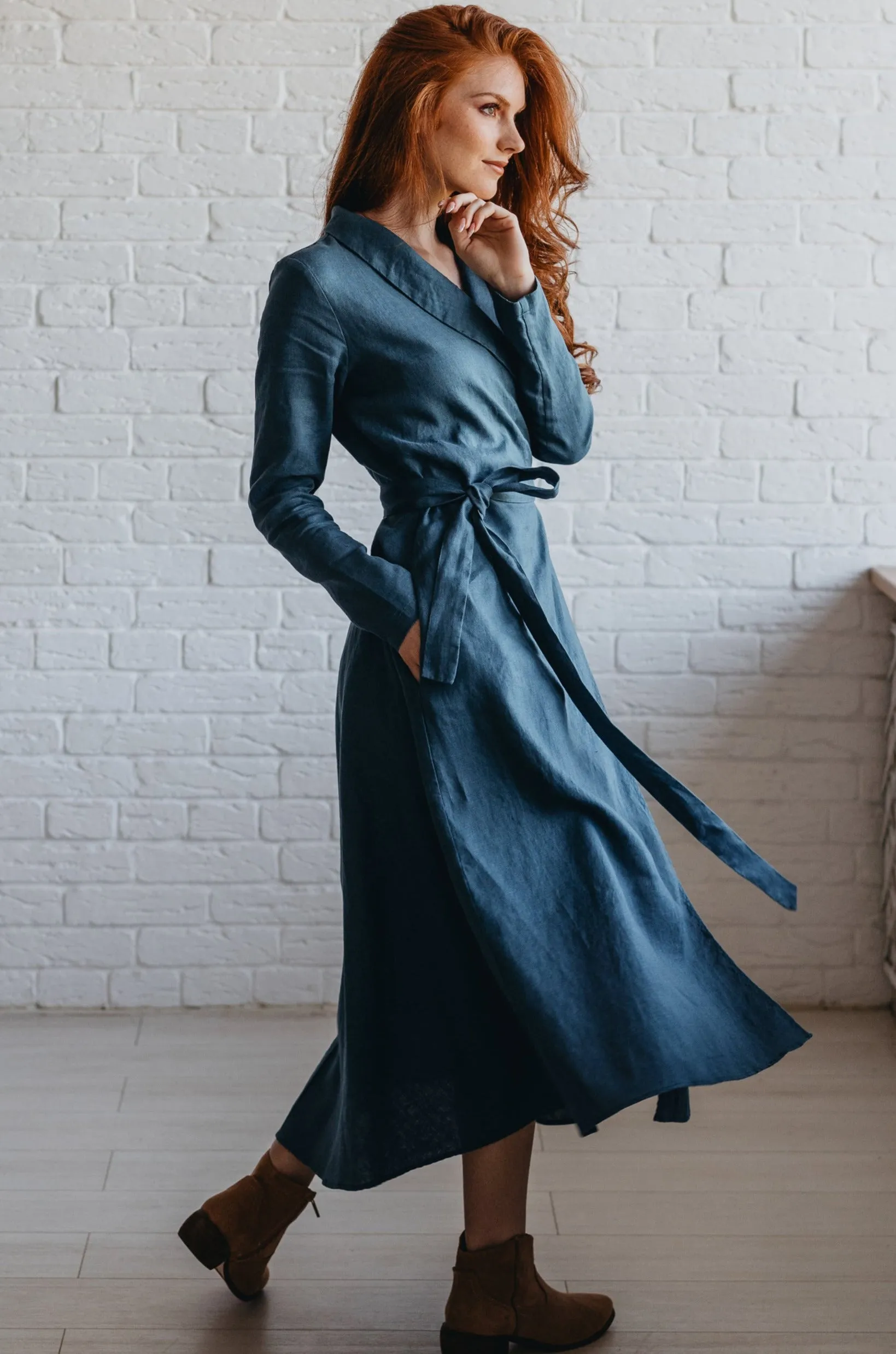 Heavyweight Linen Wrap Dress in Midi Length