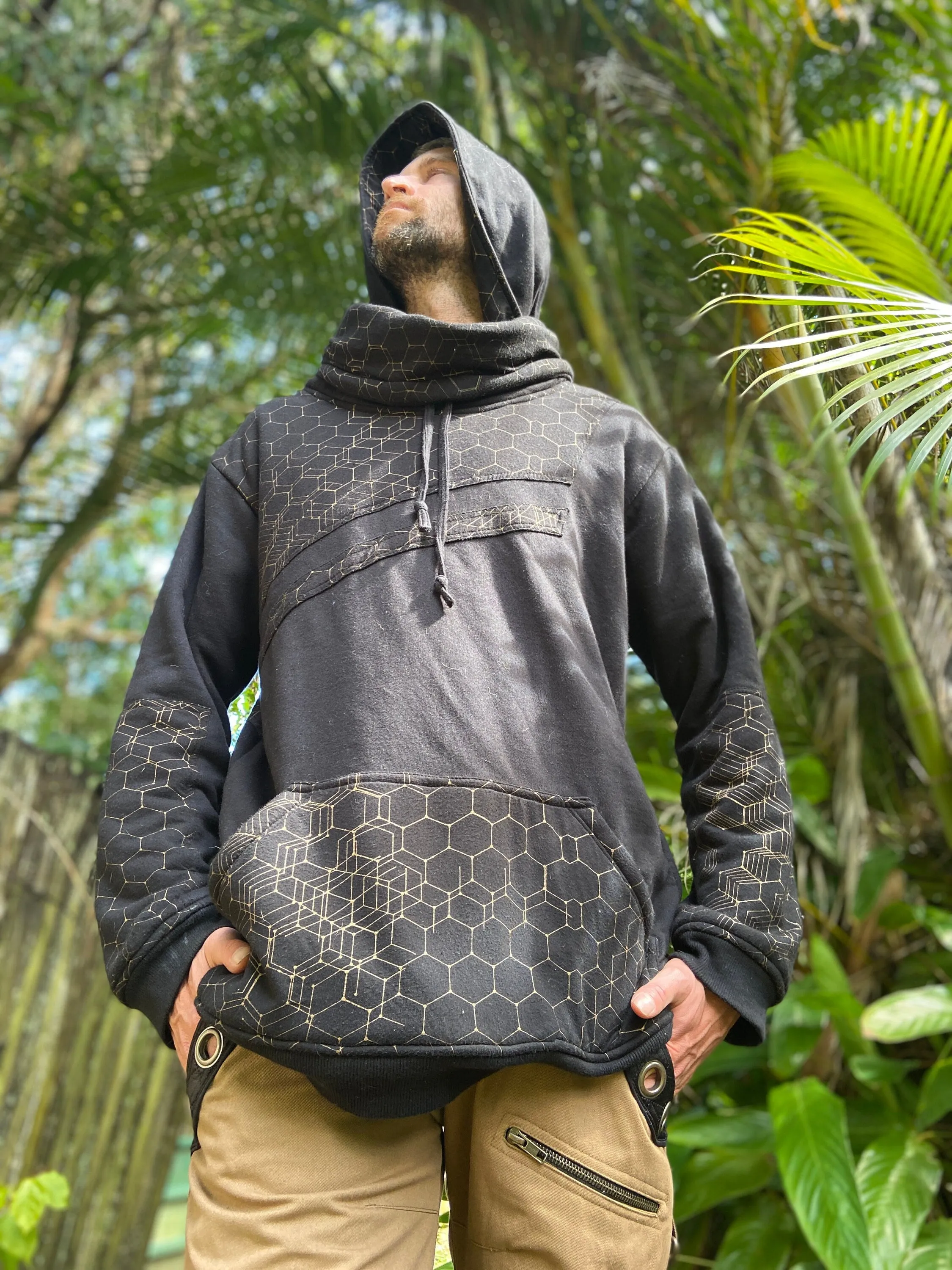 HEXA Thick Hooded Fleece Warm Turtle Neck Jumper Pullover Jacket Black Hexagon Geometric Patterns Pockets Thumb Gloves Festival Tribal Gypsy AJJAYA