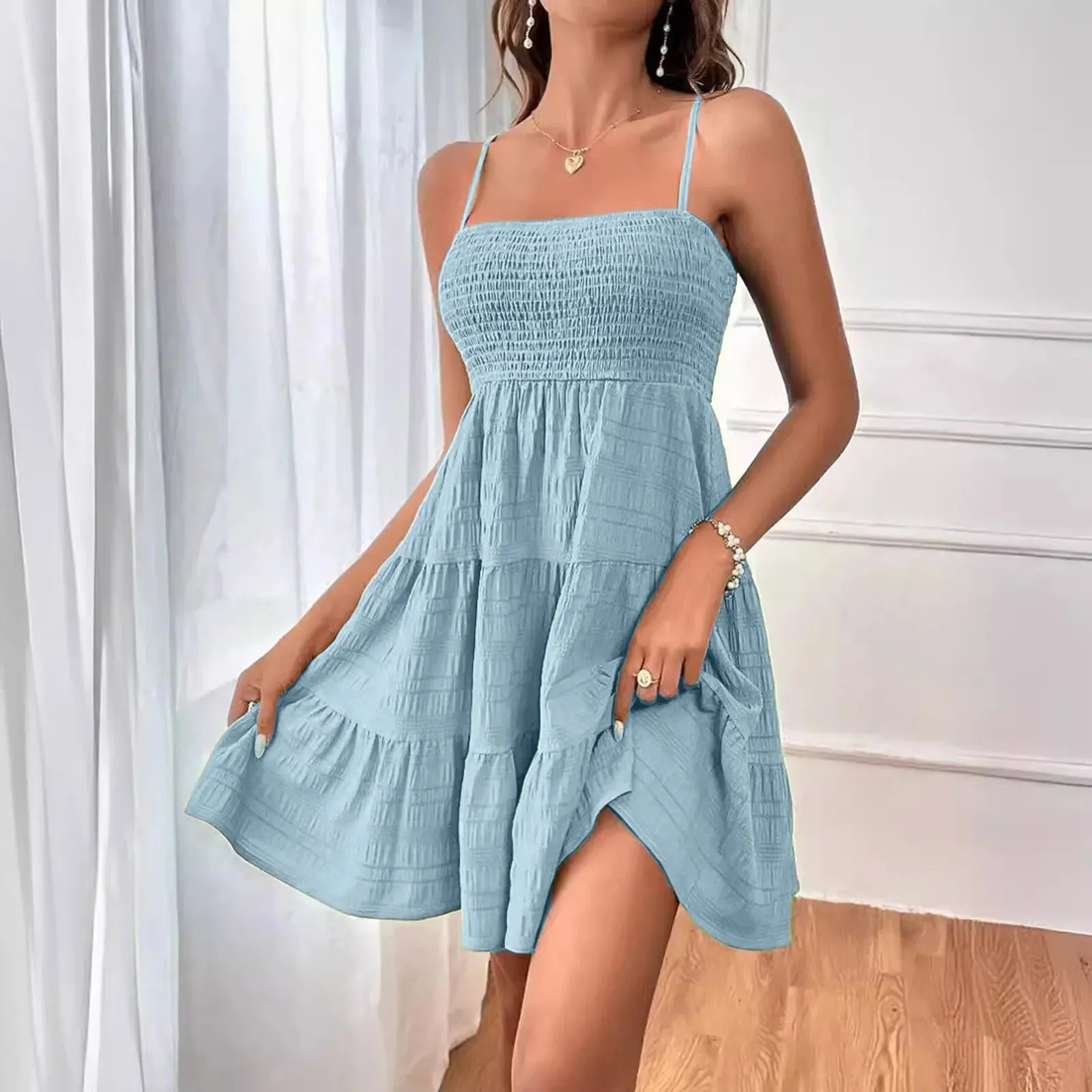 Holiday Sky Blue Off Shoulder Party Slash Neck Puff Sleeve A-line Sweet Mini Summer Dress