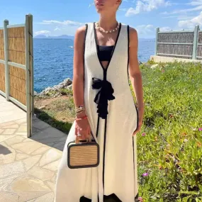 Hollow Out Sleeveless Vest Beach Elegant Patchwork Holiday Long Casual Deep V Bow Tie Up Party Fashion Dress