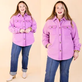 Hollywood Hike Button Up Fleece Jacket with Pockets in Lilac Purple