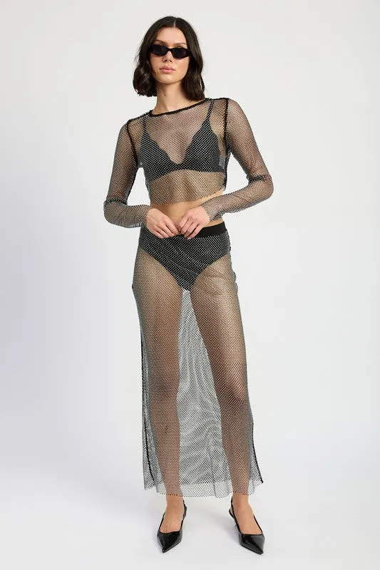 Hot Girl Dare To Bare Mesh Rhinestone Maxi Skirt