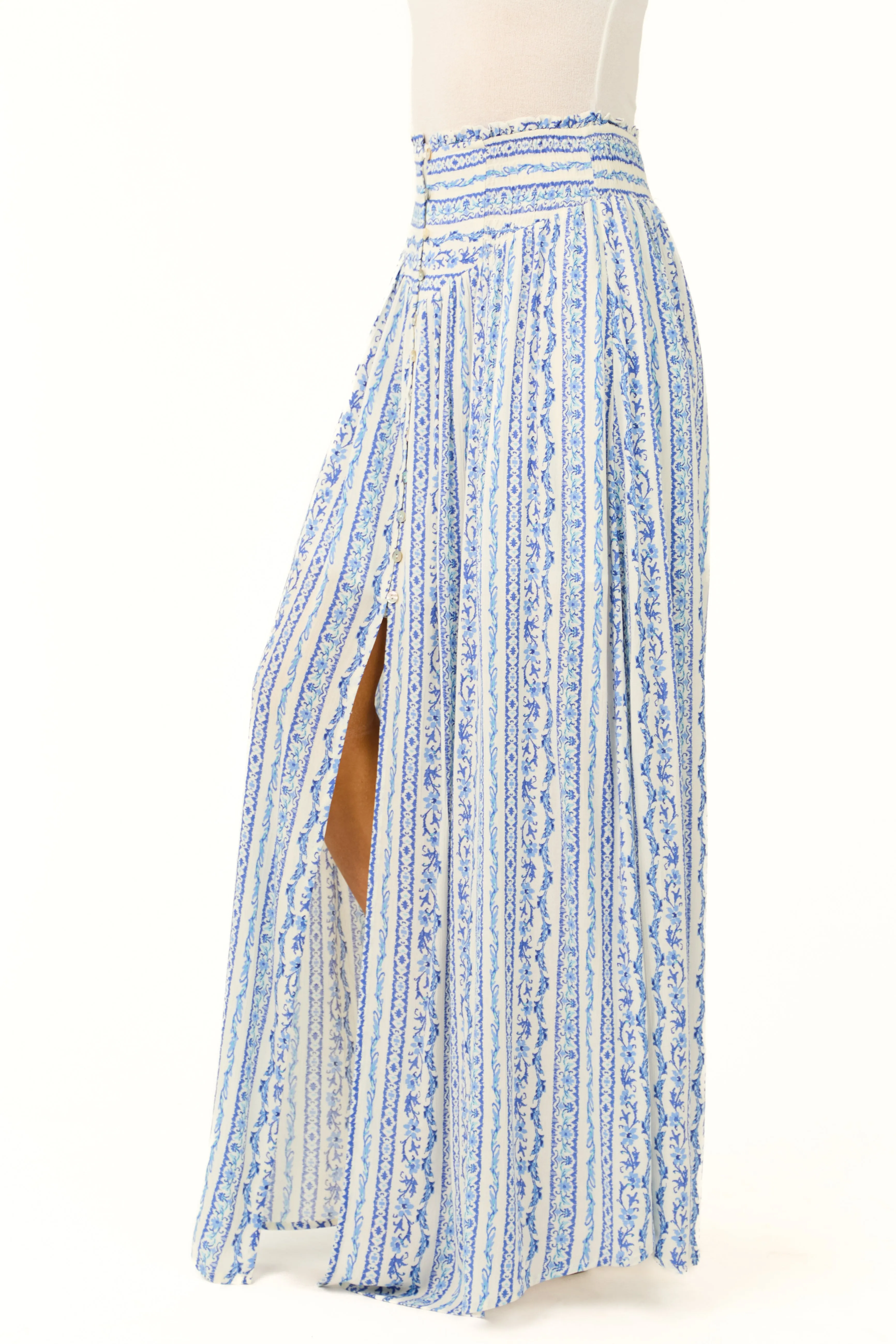 Ivory and Cobalt Front Slit Button Maxi Skirt