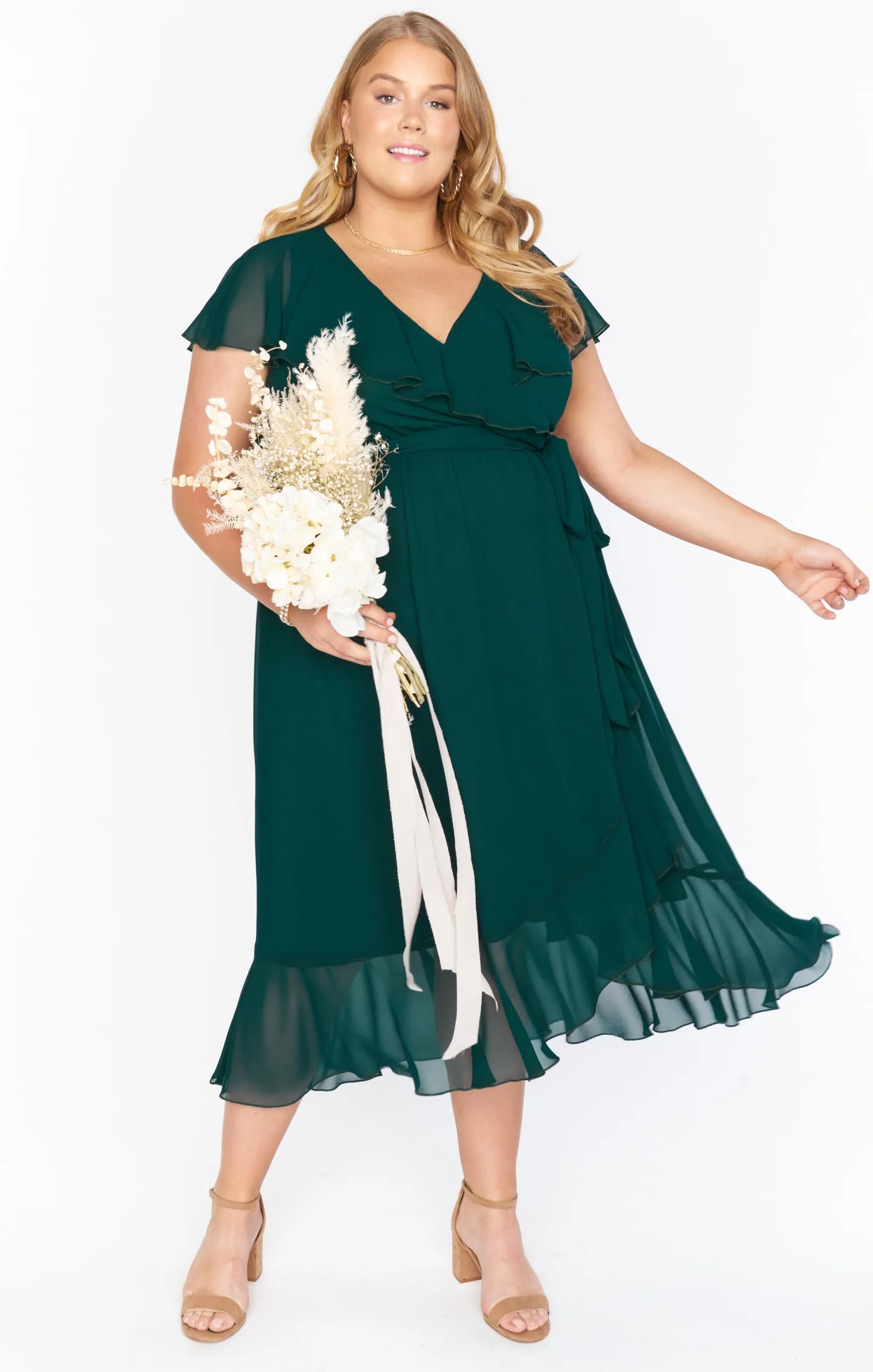 Jess Ruffle Midi Dress ~ Emerald Chiffon