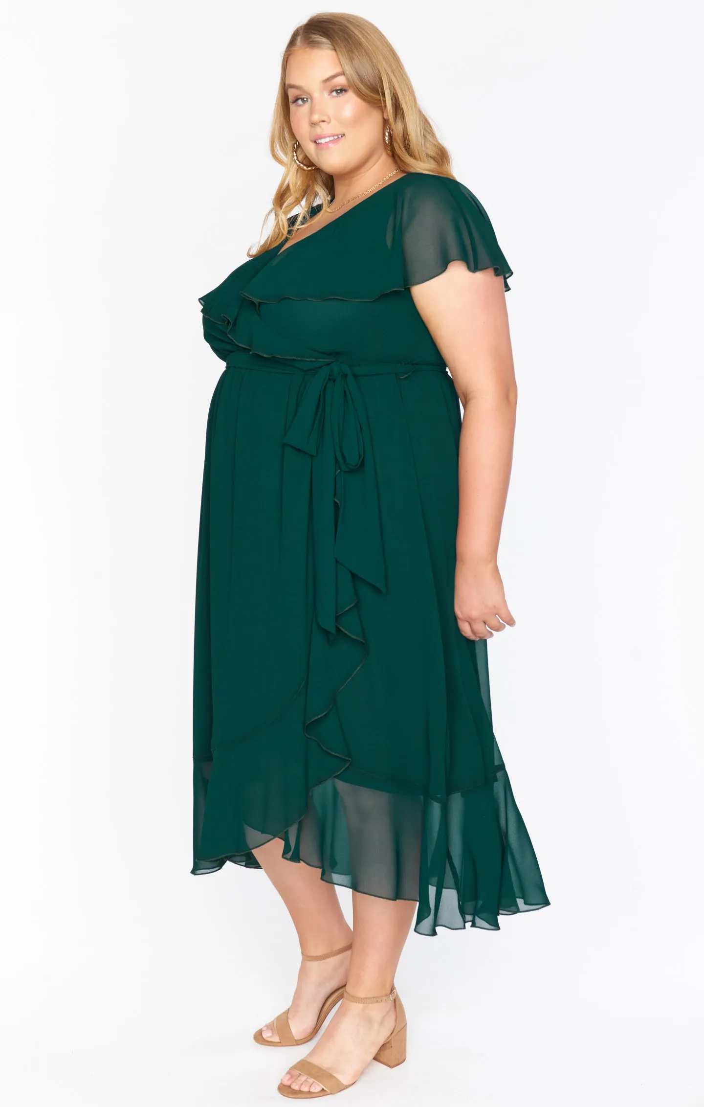 Jess Ruffle Midi Dress ~ Emerald Chiffon