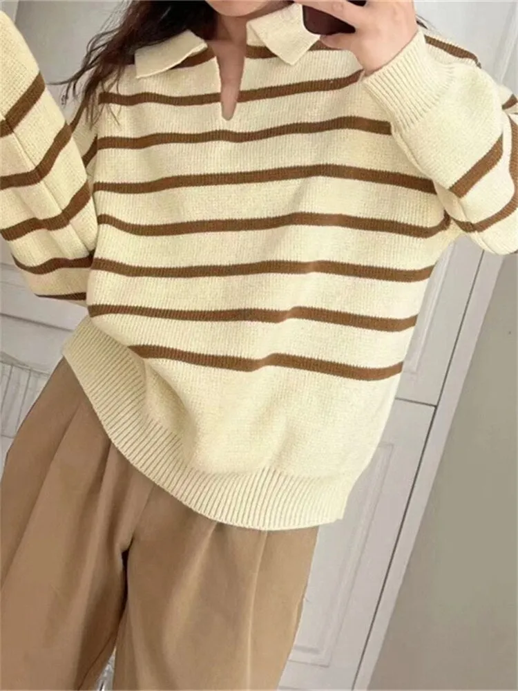 Joskaa Autumn Winter Women's Knitted Striped Sweater 2024 Trend Warm  V Neck Casual Tops  Polo Pullover Oversize Jumper With Collar