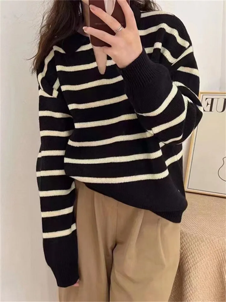 Joskaa Autumn Winter Women's Knitted Striped Sweater 2024 Trend Warm  V Neck Casual Tops  Polo Pullover Oversize Jumper With Collar