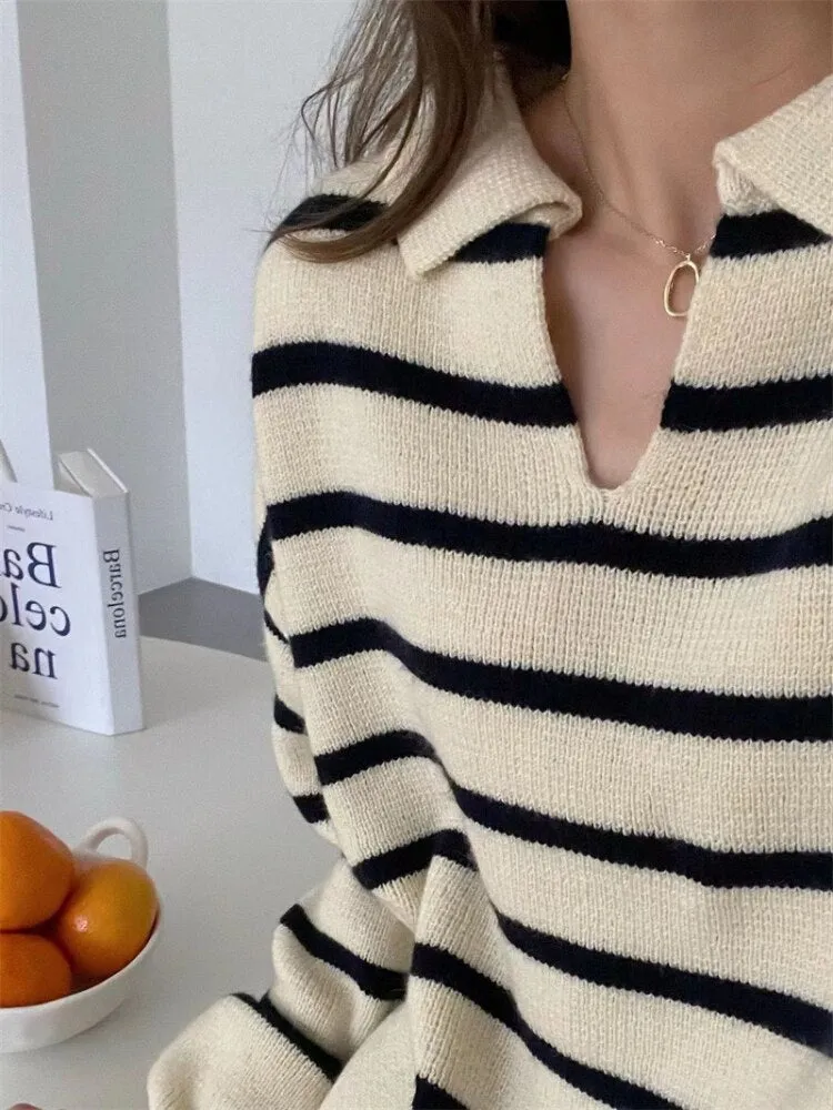 Joskaa Autumn Winter Women's Knitted Striped Sweater 2024 Trend Warm  V Neck Casual Tops  Polo Pullover Oversize Jumper With Collar