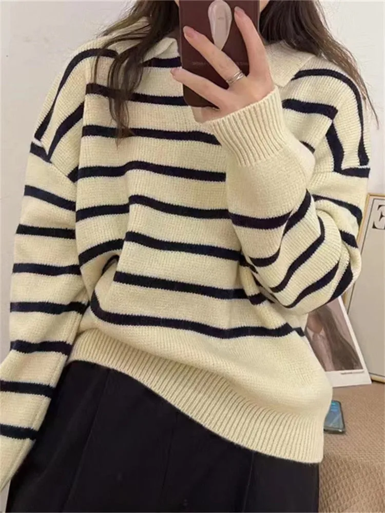 Joskaa Autumn Winter Women's Knitted Striped Sweater 2024 Trend Warm  V Neck Casual Tops  Polo Pullover Oversize Jumper With Collar