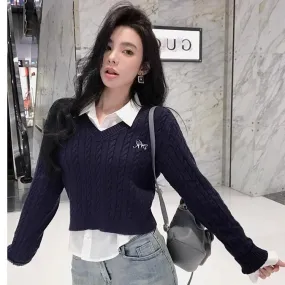 Joskaa outfit ideas for school Autumn New Solid Color Long-Sleeved Sweater Short Pullover Fake Two-Piece Twist Embroidered V-neck Sweater for Women