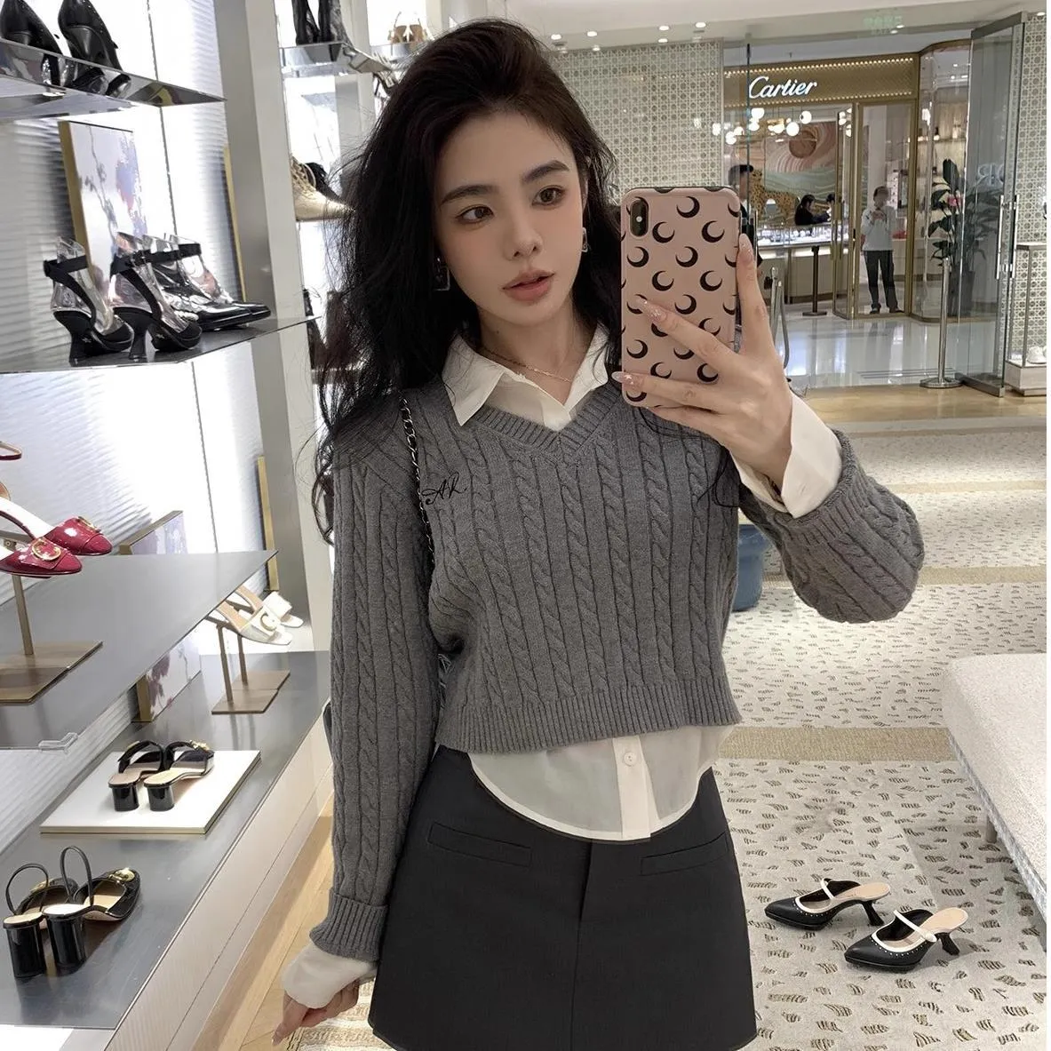 Joskaa outfit ideas for school Autumn New Solid Color Long-Sleeved Sweater Short Pullover Fake Two-Piece Twist Embroidered V-neck Sweater for Women