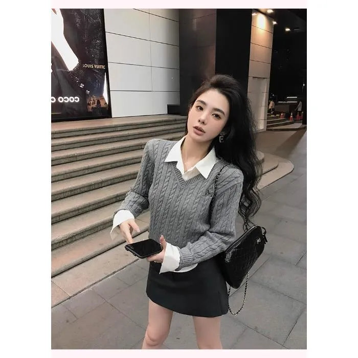 Joskaa outfit ideas for school Autumn New Solid Color Long-Sleeved Sweater Short Pullover Fake Two-Piece Twist Embroidered V-neck Sweater for Women