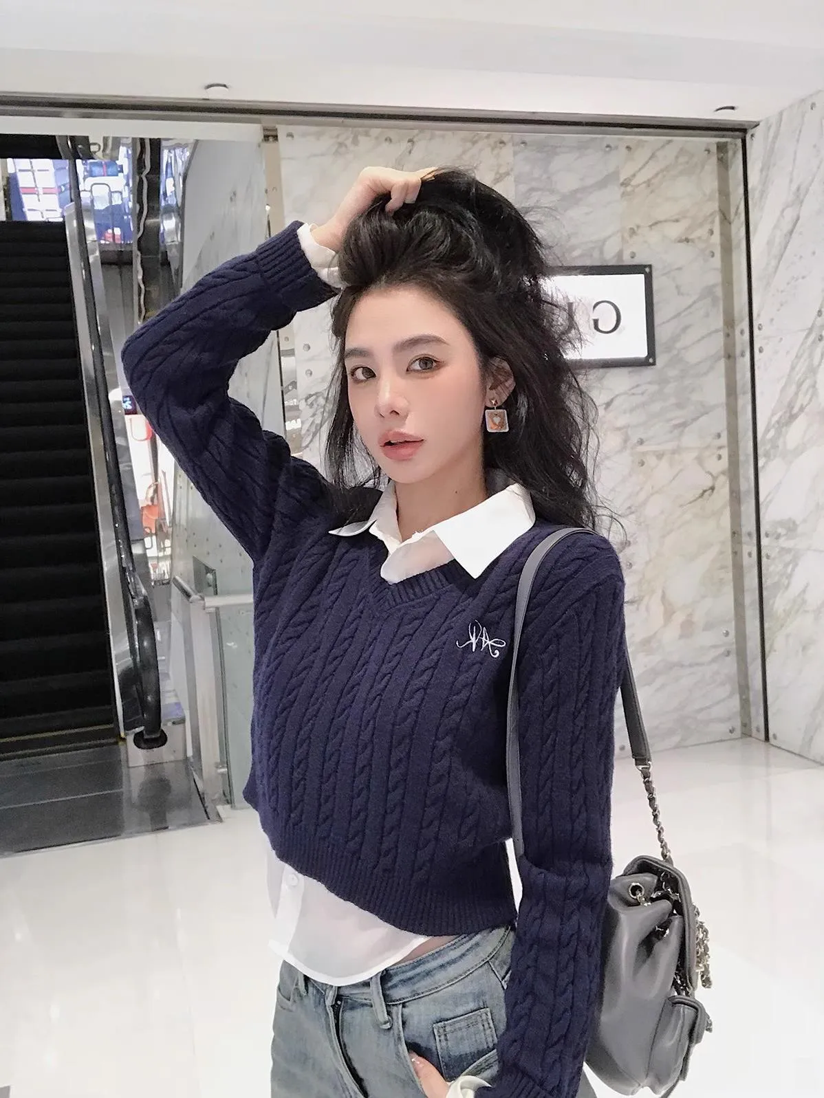 Joskaa outfit ideas for school Autumn New Solid Color Long-Sleeved Sweater Short Pullover Fake Two-Piece Twist Embroidered V-neck Sweater for Women