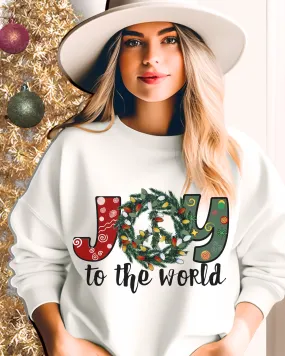 Joy To the World Women's Crewneck Sweatshirt Peace Sign Wreath with Doodle Letters