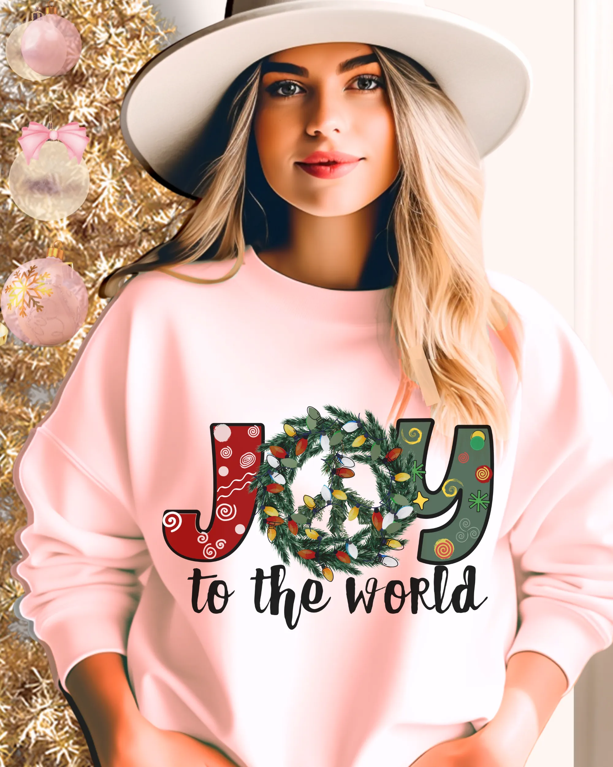 Joy To the World Women's Crewneck Sweatshirt Peace Sign Wreath with Doodle Letters