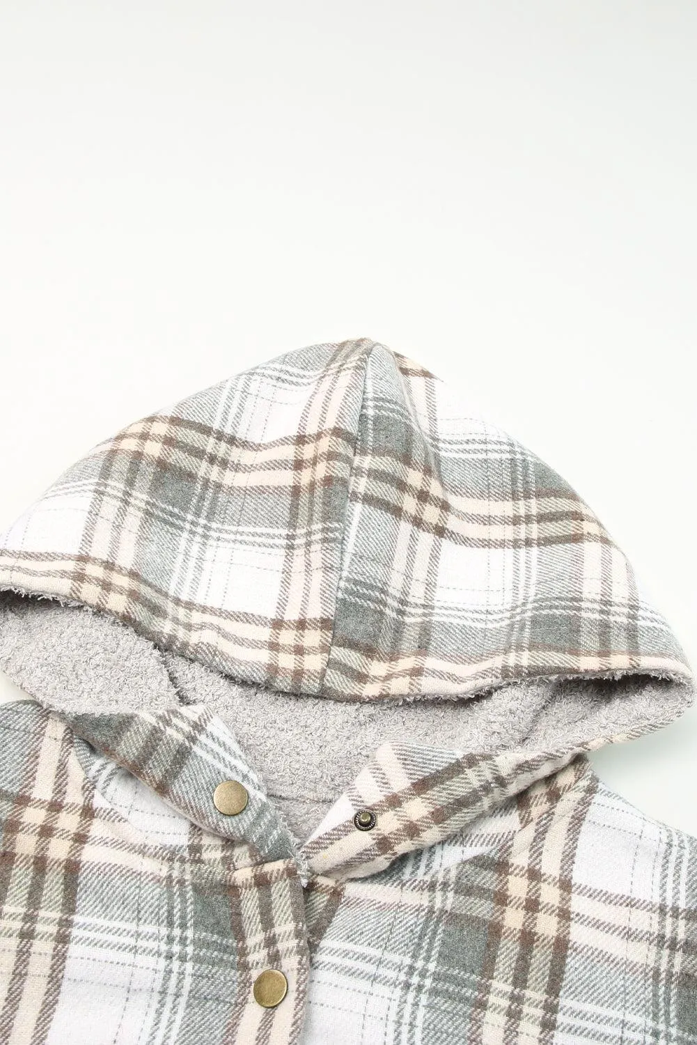 Khaki Plaid Pattern Sherpa Lined Hooded Shacket