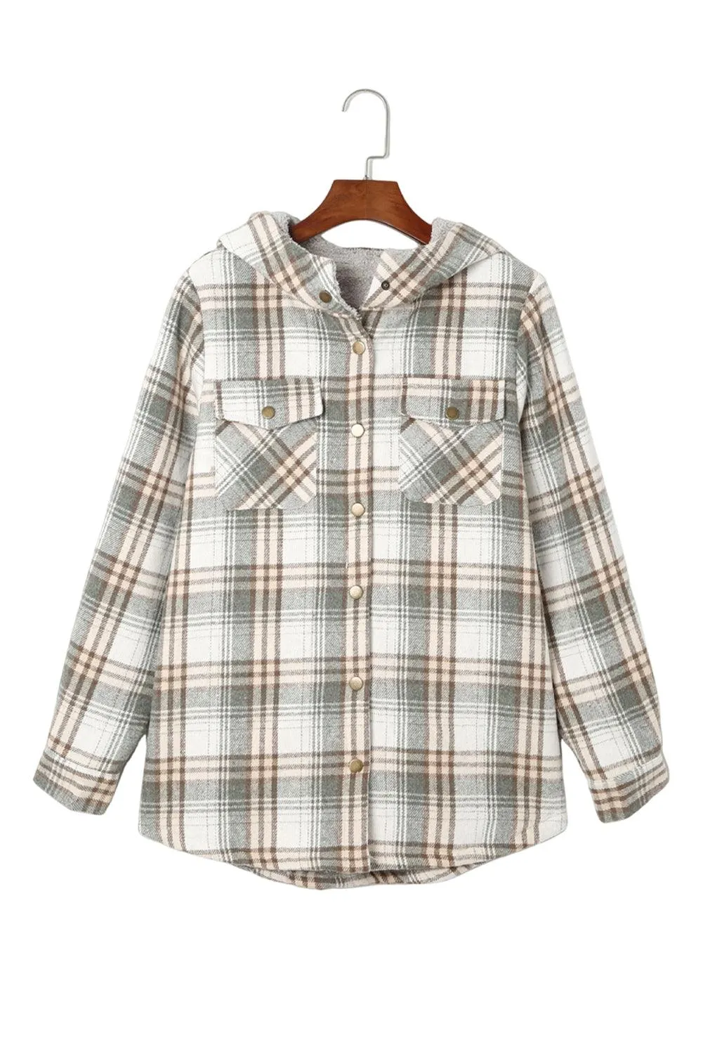 Khaki Plaid Pattern Sherpa Lined Hooded Shacket