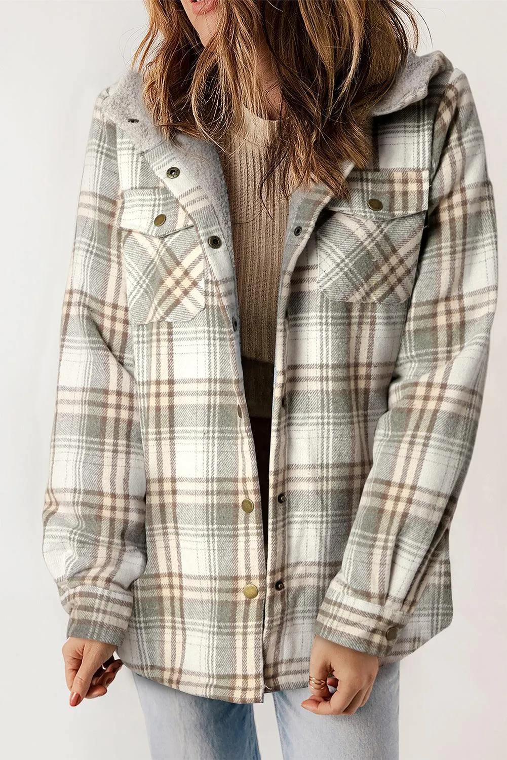 Khaki Plaid Pattern Sherpa Lined Hooded Shacket