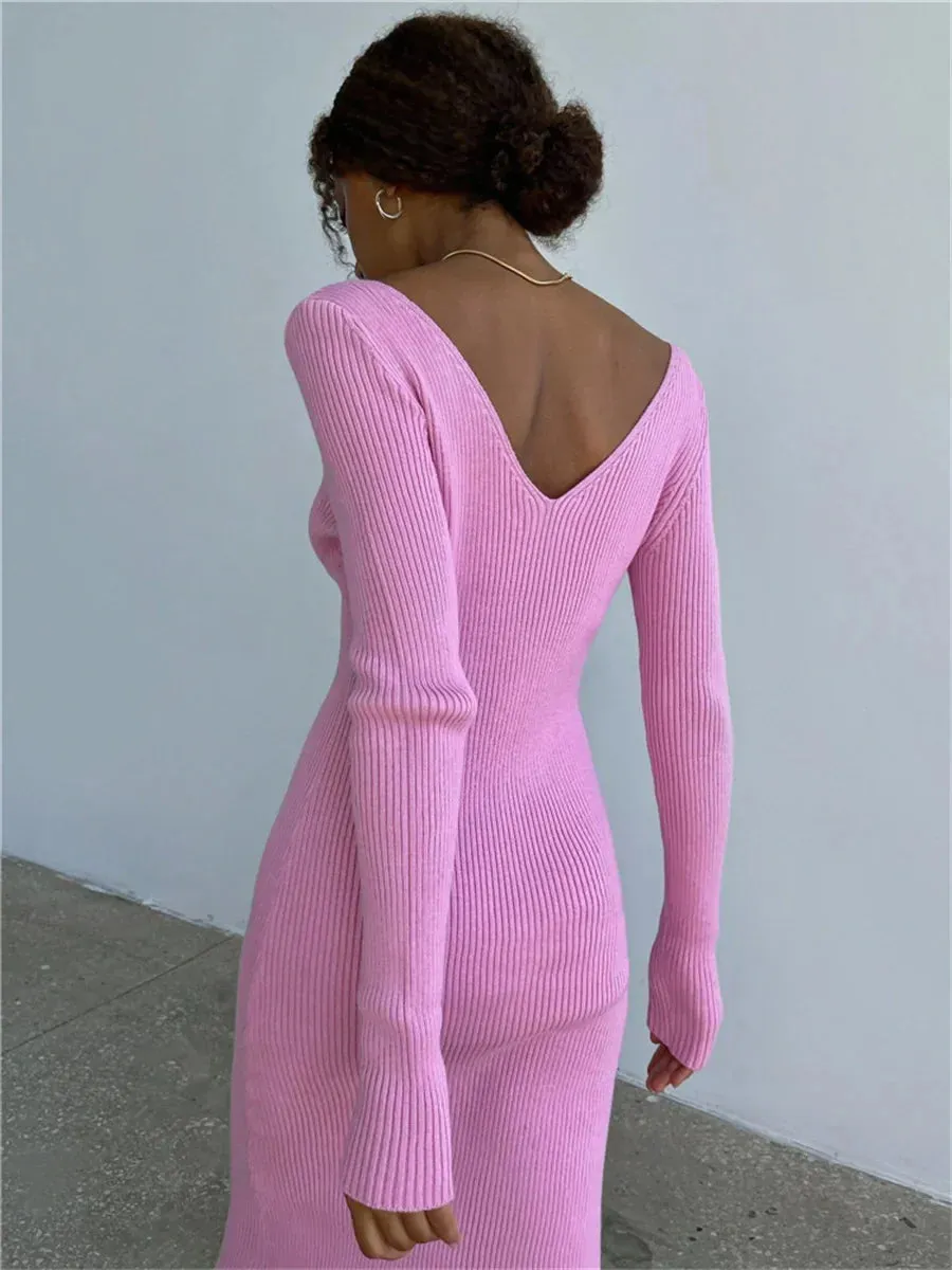 Knit Rib Long Sleeve V Neck Backless Midi Dress for Fall Winter