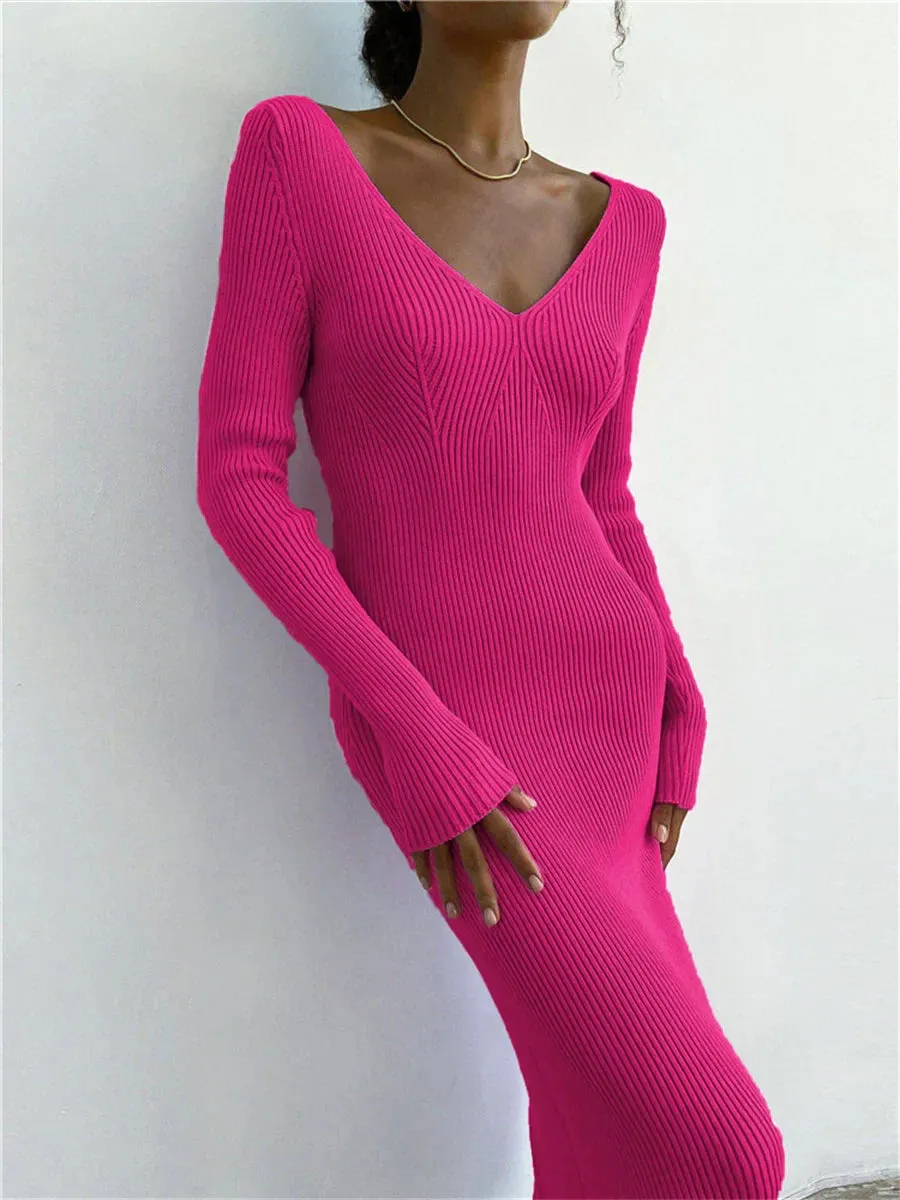 Knit Rib Long Sleeve V Neck Backless Midi Dress for Fall Winter