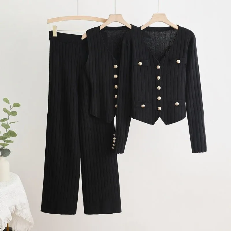 Korean style long-sleeved V-neck single-breasted knitted jacket three-piece vest high waist straight wide-leg pants