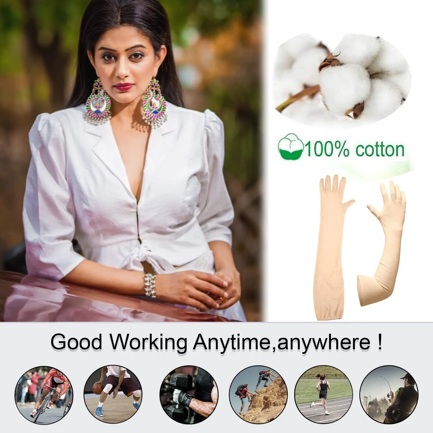 Kuber Industries Full Arm Sleeves Gloves | Cotton Summer Gloves | Protection From Sun Burns | Dust | Pollution | Gloves For Women | Gloves For Men | 1 Pair | Cream