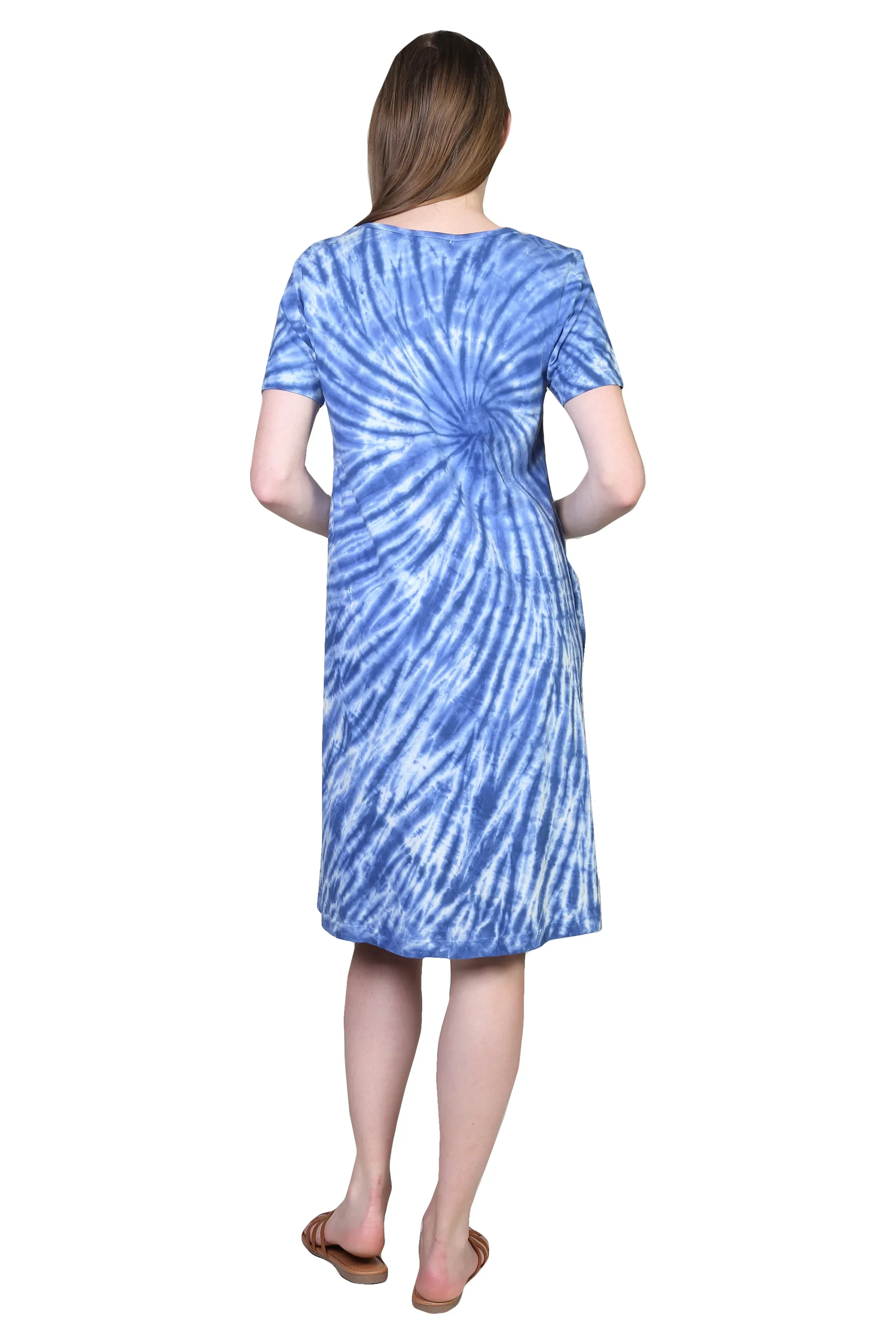 La Cera Cotton Knit Short Sleeve Blue Tie-Dye Dress