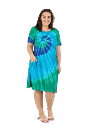 La Cera Cotton Knit Short Sleeve Blue Turquoise Tie-Dye Dress - Plus Size