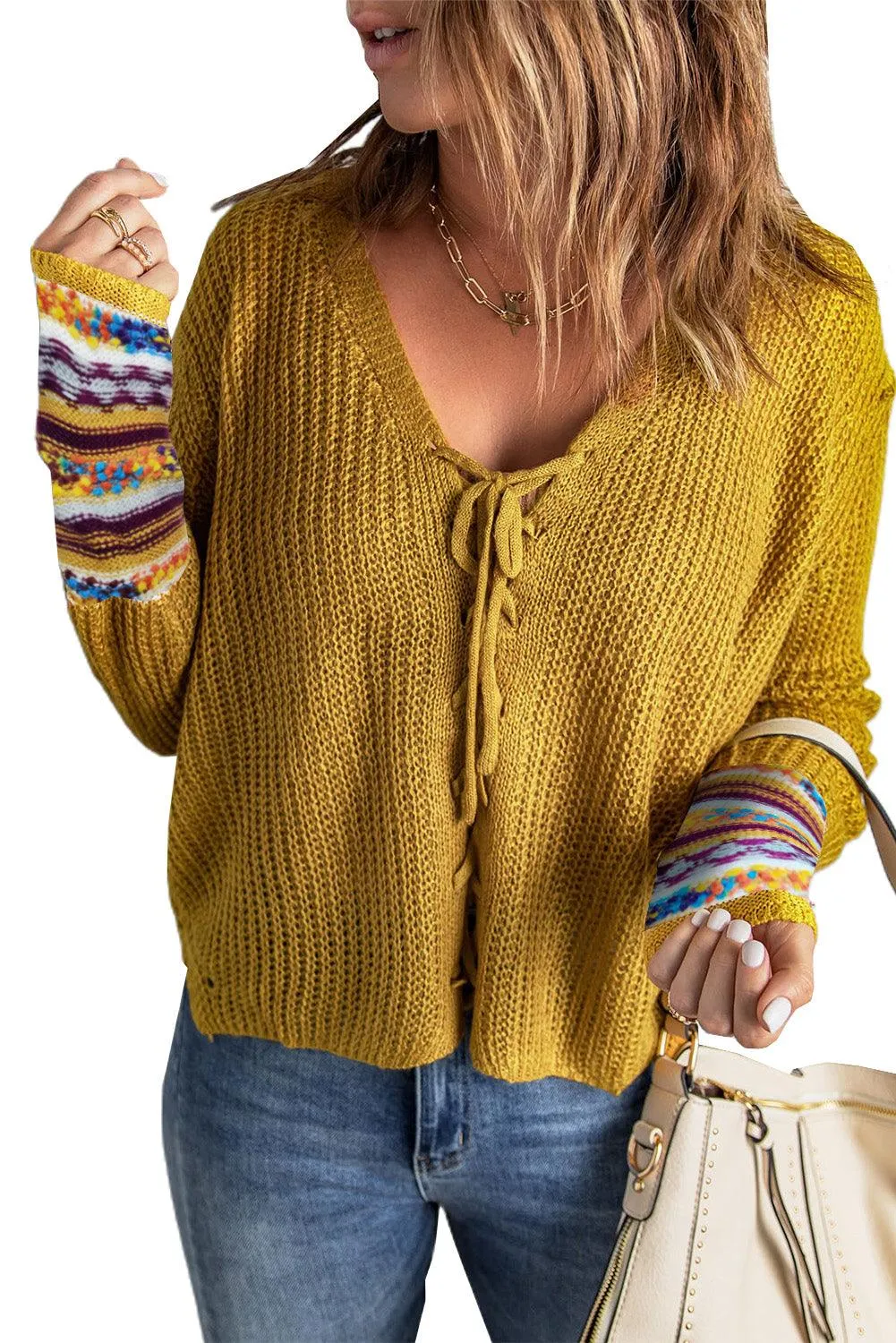 Lace up V Neck Knit Sweater