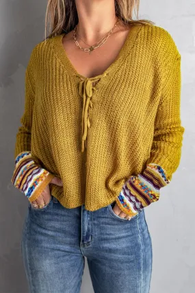 Lace up V Neck Knit Sweater