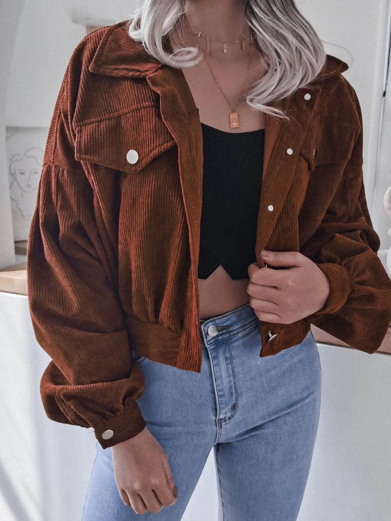 Lantern Sleeve Cropped Corduroy Jacket