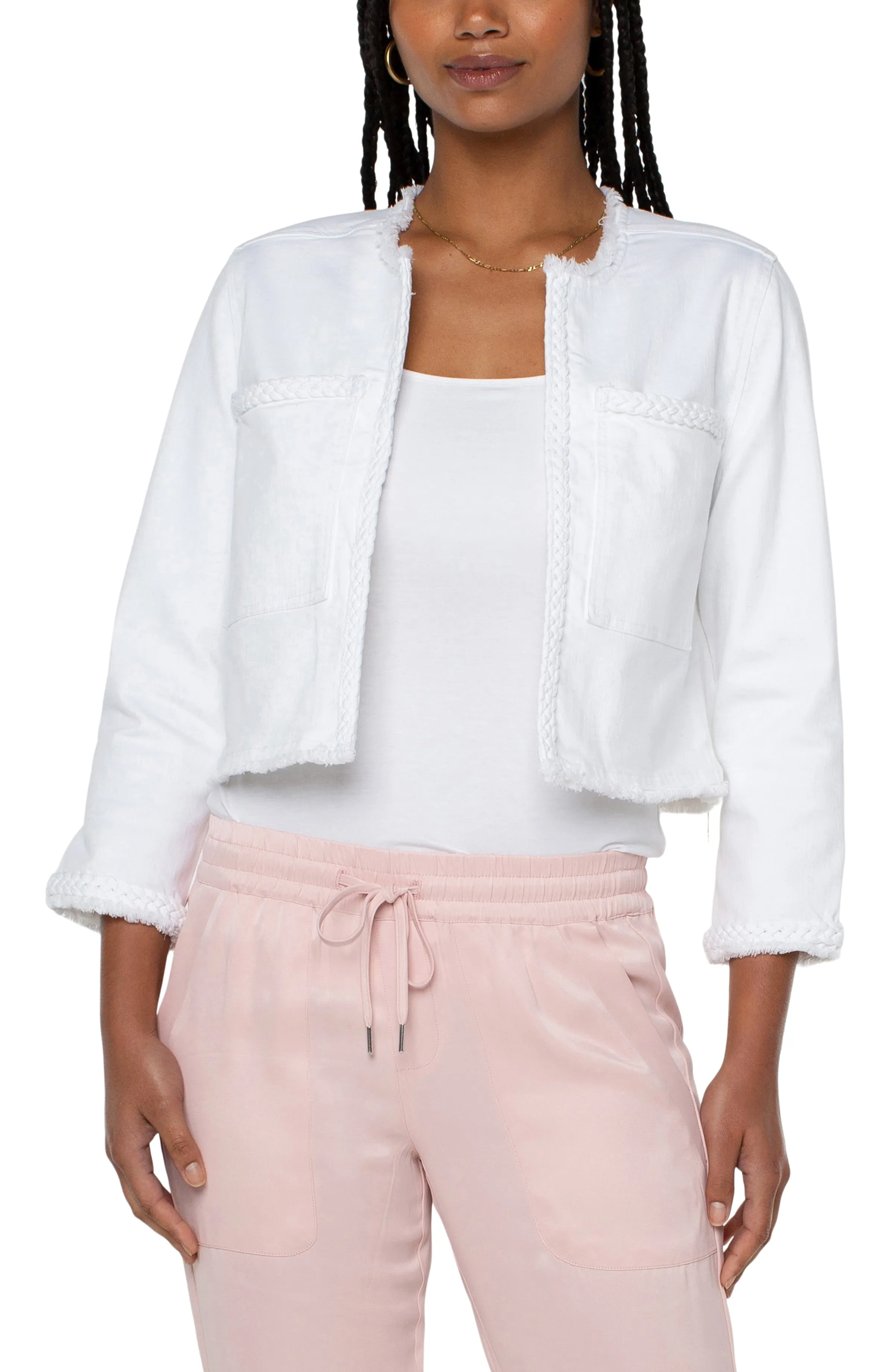 Liverpool LM1019QY-W Bright White Cropped Jacket w/ Braid Detail