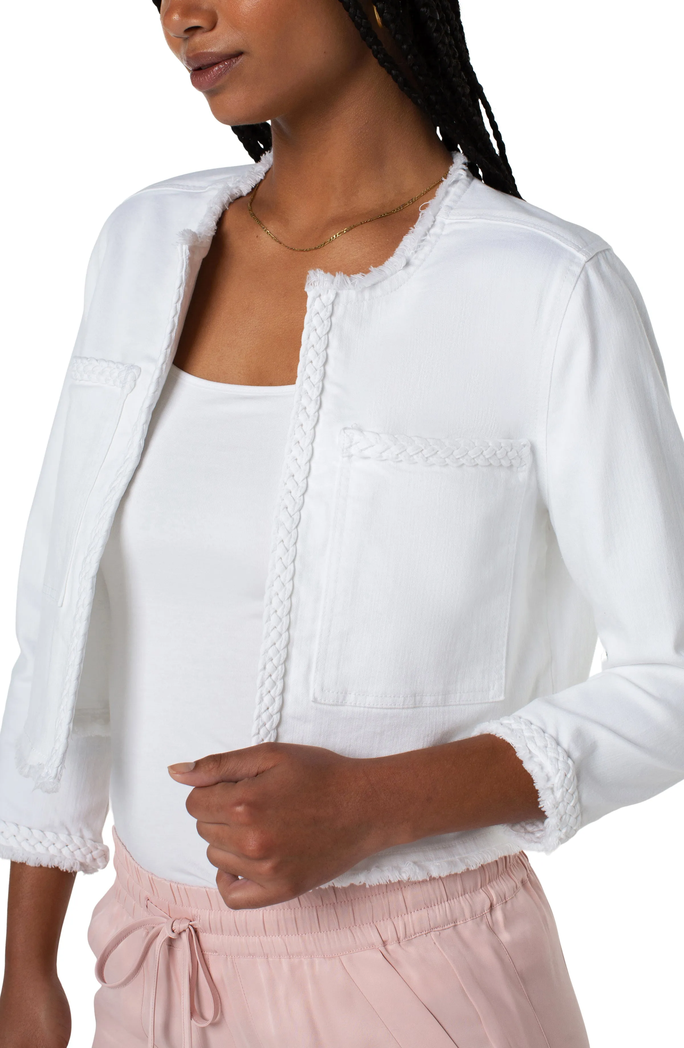 Liverpool LM1019QY-W Bright White Cropped Jacket w/ Braid Detail