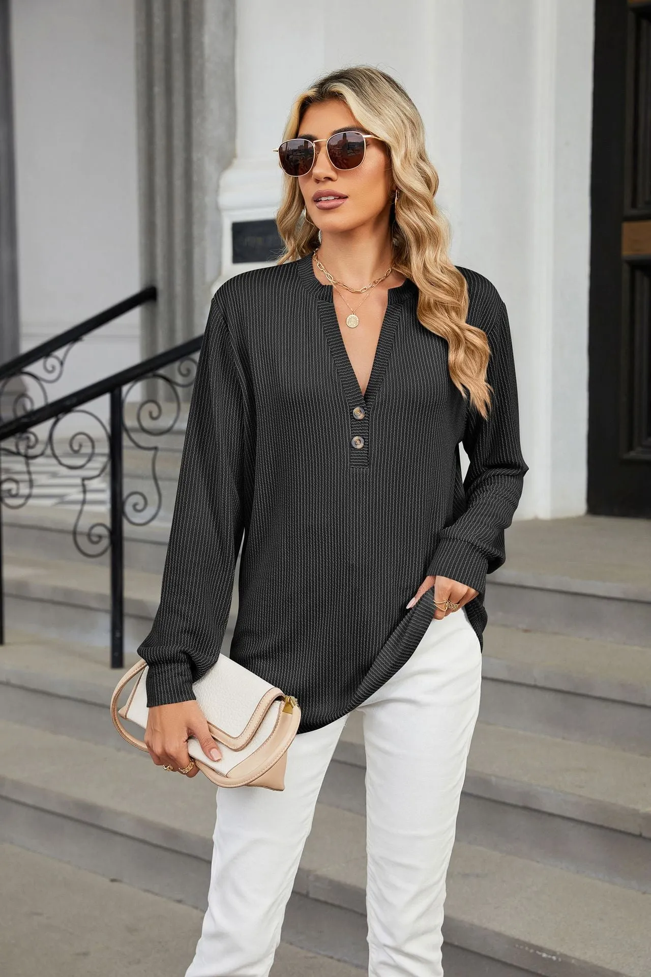 Long Sleeve Button Loose V-Neck Striped T-Shirt