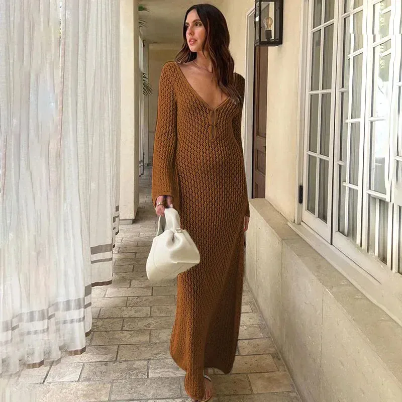 Long Sleeve Knit Beach Dress Women Sexy See Through Slim Maxi Dress Summer Elegant Solid Backless Long Dress Holiday Outfit