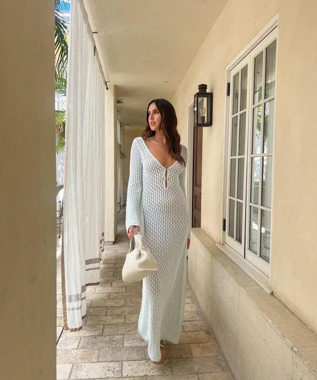 Long Sleeve Knit Beach Dress Women Sexy See Through Slim Maxi Dress Summer Elegant Solid Backless Long Dress Holiday Outfit